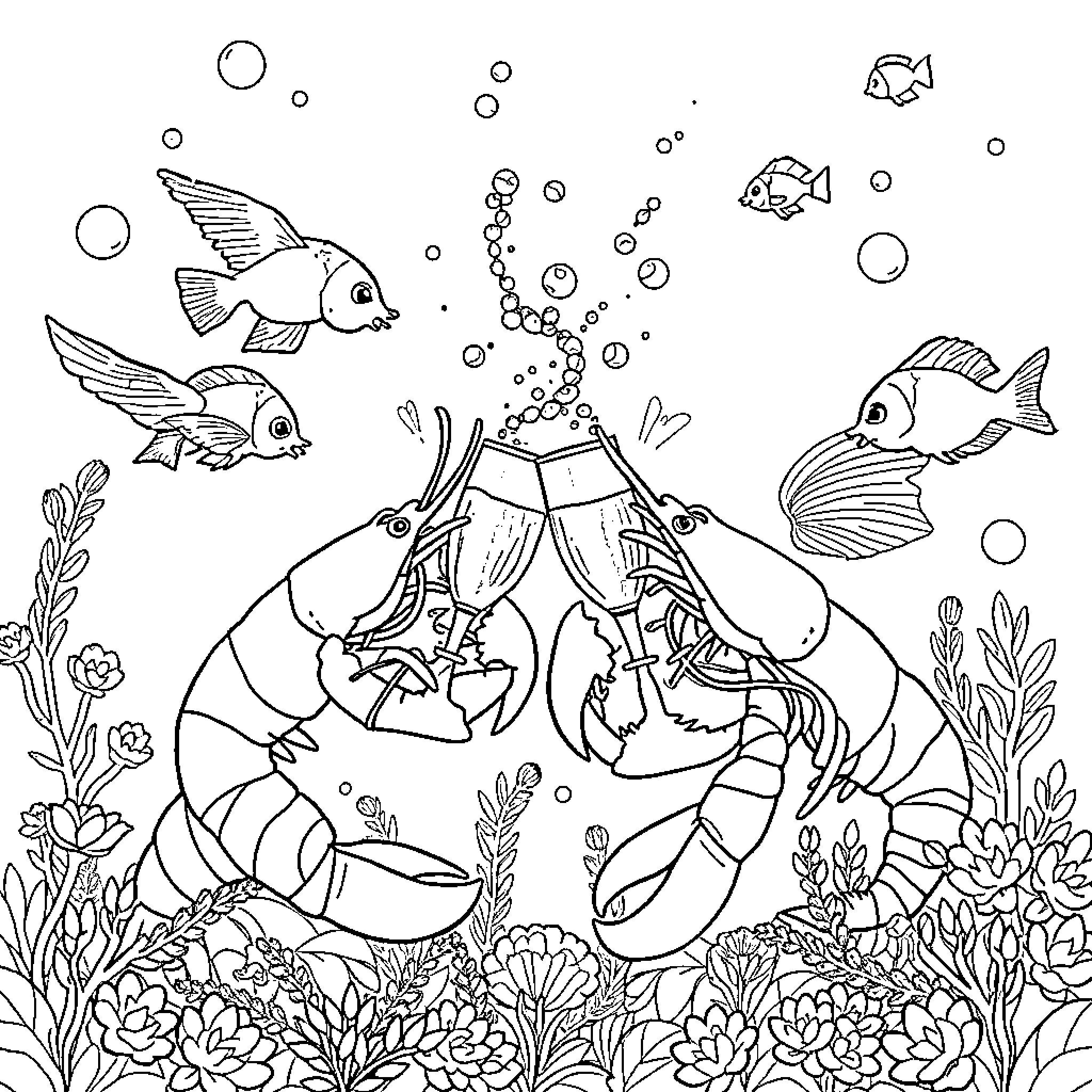 Shrimp feasting in the underwater garden Coloring Page (free black-and-white line drawing printable PDF for all, from beginners to advanced learners, including children, teens, adults, and seniors)