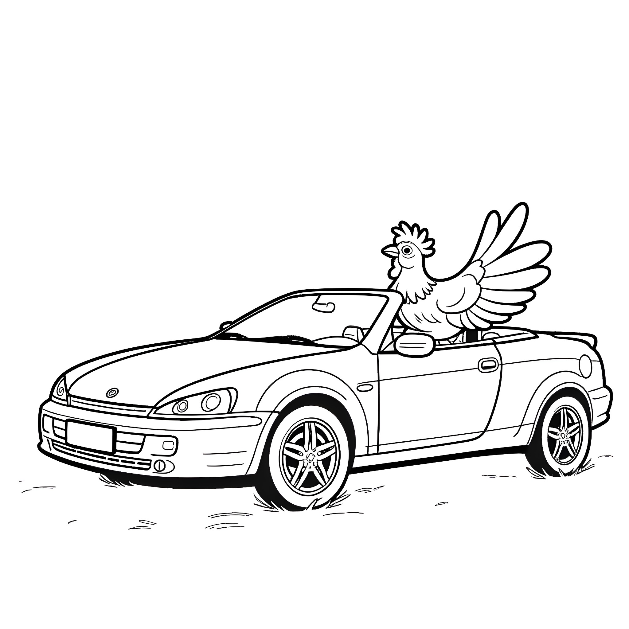 Chicken riding happily in a convertible car Coloring Page (free black-and-white line drawing printable PDF for all, from beginners to advanced learners, including children, teens, adults, and seniors)