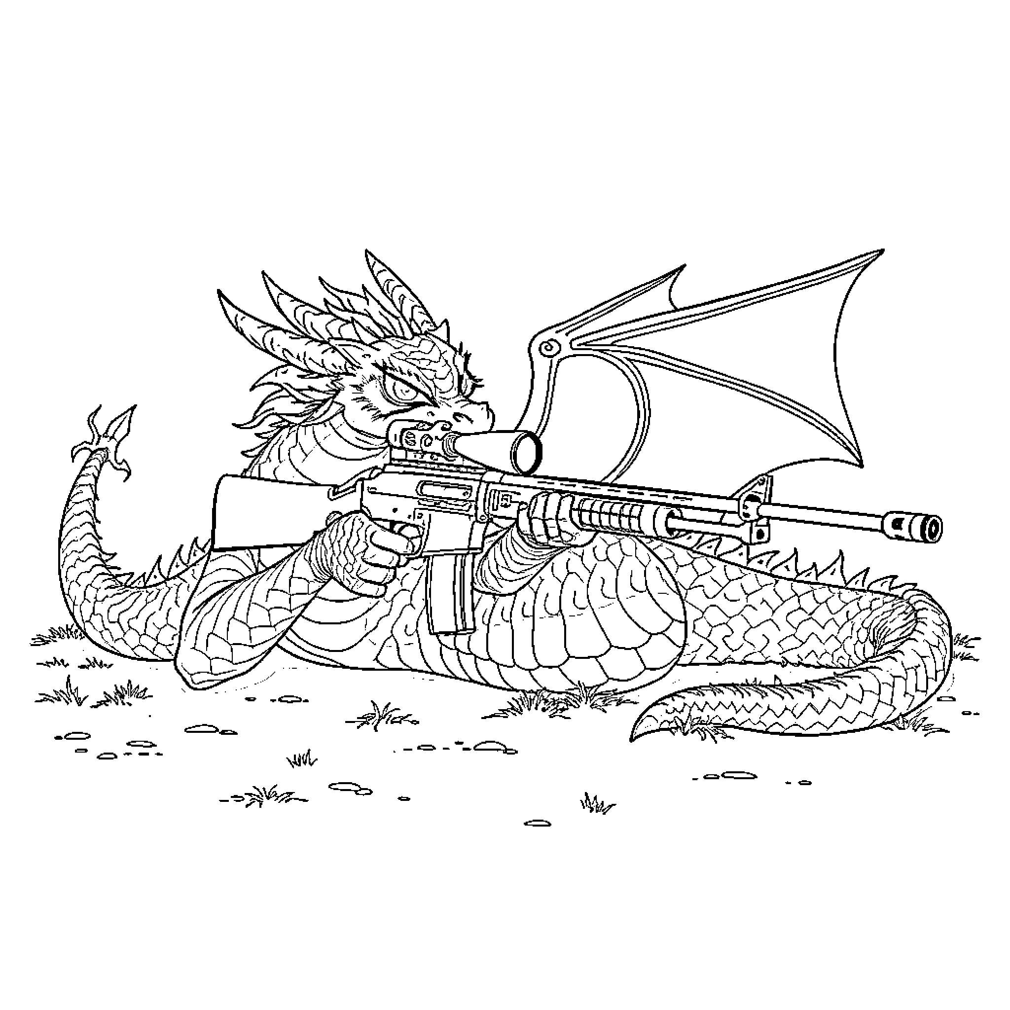 Dragon Warrior Wielding Futuristic Weapon Coloring Page (free black-and-white line drawing printable PDF for all, from beginners to advanced learners, including children, teens, adults, and seniors)