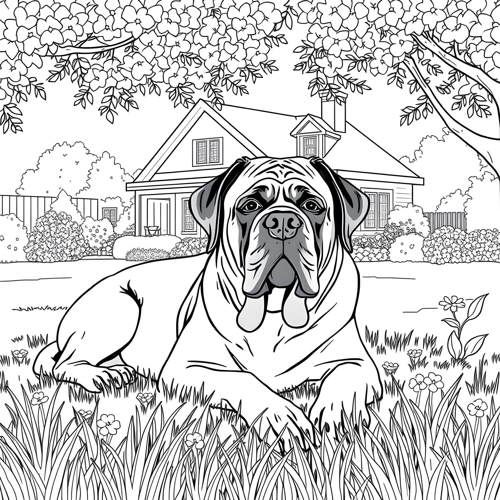 Mastiff relaxing in a charming backyard Coloring Page (free black-and-white line drawing printable PDF for all, from beginners to advanced learners, including children, teens, adults, and seniors)