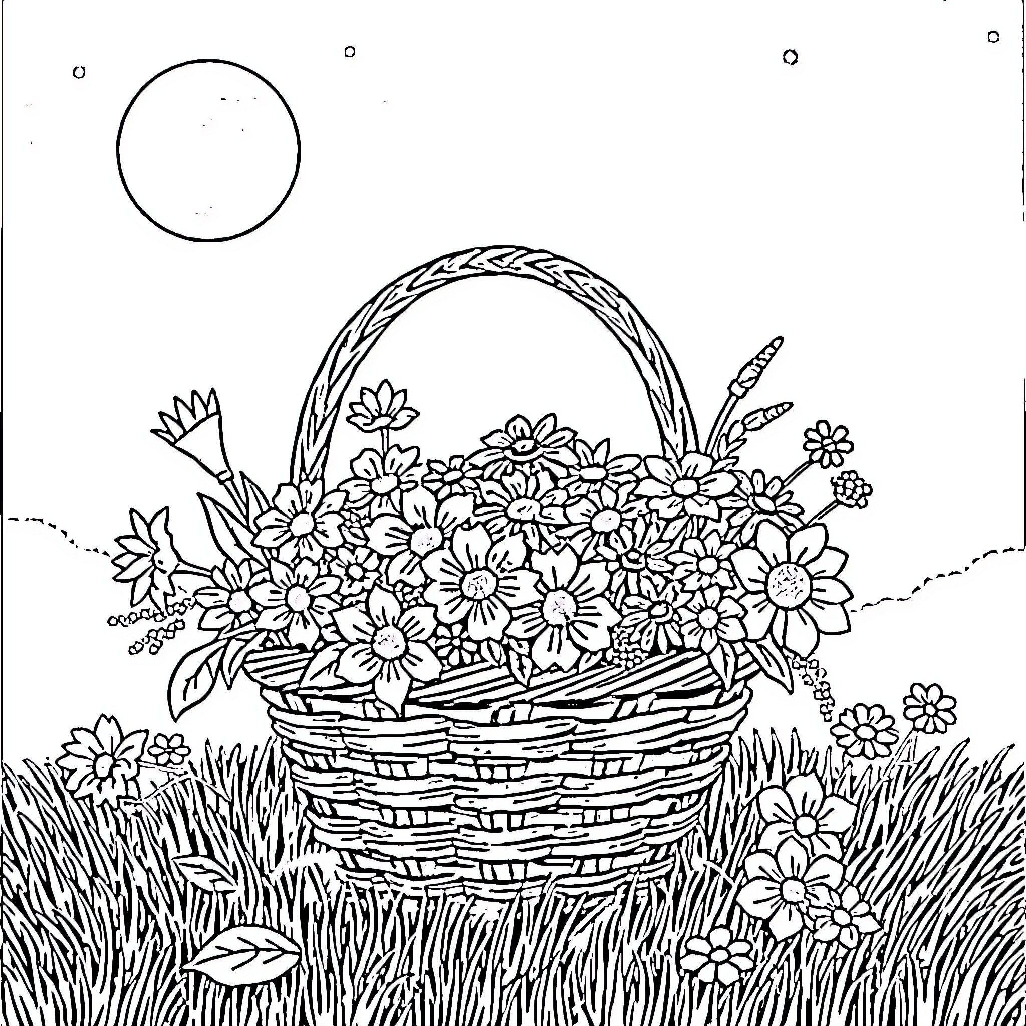 Flower basket filled with blooming flowers in the meadow Coloring Page (free black-and-white line drawing printable PDF for all, from beginners to advanced learners, including children, teens, adults, and seniors)