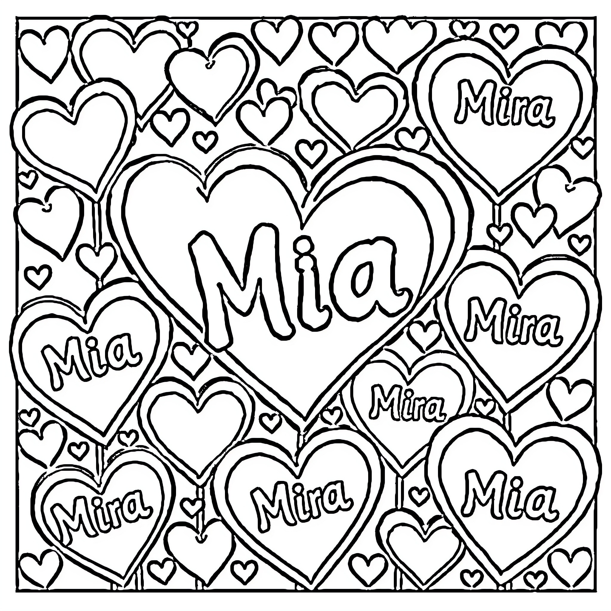Heart-shaped images with the name 'Mira' Coloring Page (free black-and-white line drawing printable PDF for all, from beginners to advanced learners, including children, teens, adults, and seniors)