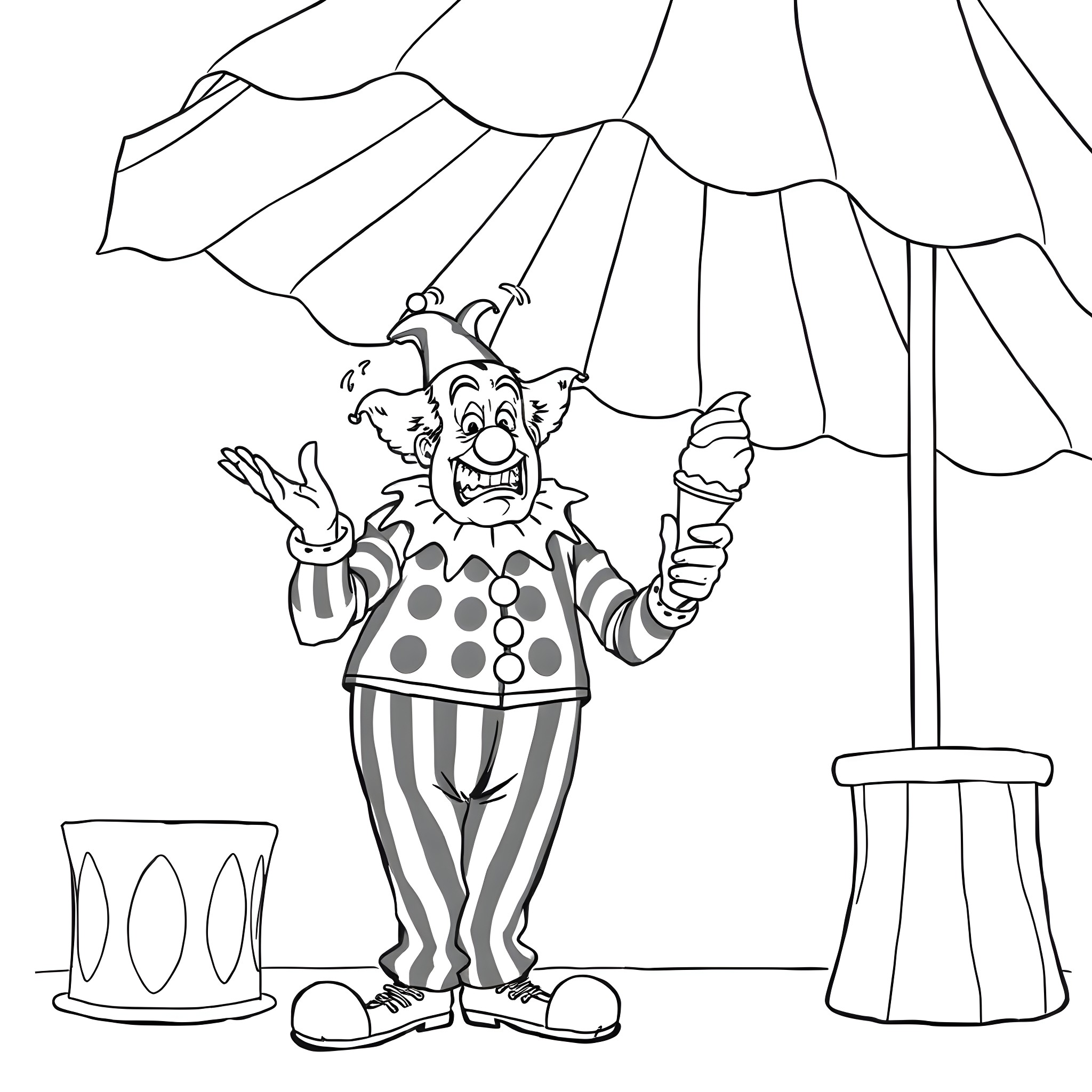 Gary Busey as a Terrified Circus Clown Coloring Page (free black-and-white line drawing printable PDF for all, from beginners to advanced learners, including children, teens, adults, and seniors)