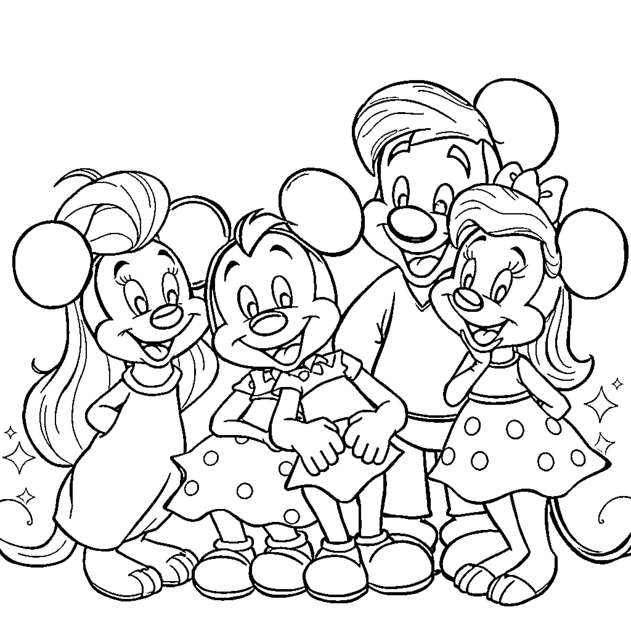 Disney Characters Happily Playing Together Coloring Page (free black-and-white line drawing printable PDF for all, from beginners to advanced learners, including children, teens, adults, and seniors)