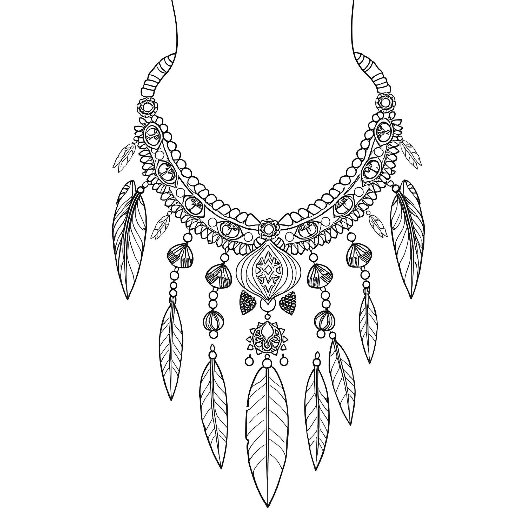 Necklace with intricate feather and bead designs Coloring Page (free black-and-white line drawing printable PDF for all, from beginners to advanced learners, including children, teens, adults, and seniors)