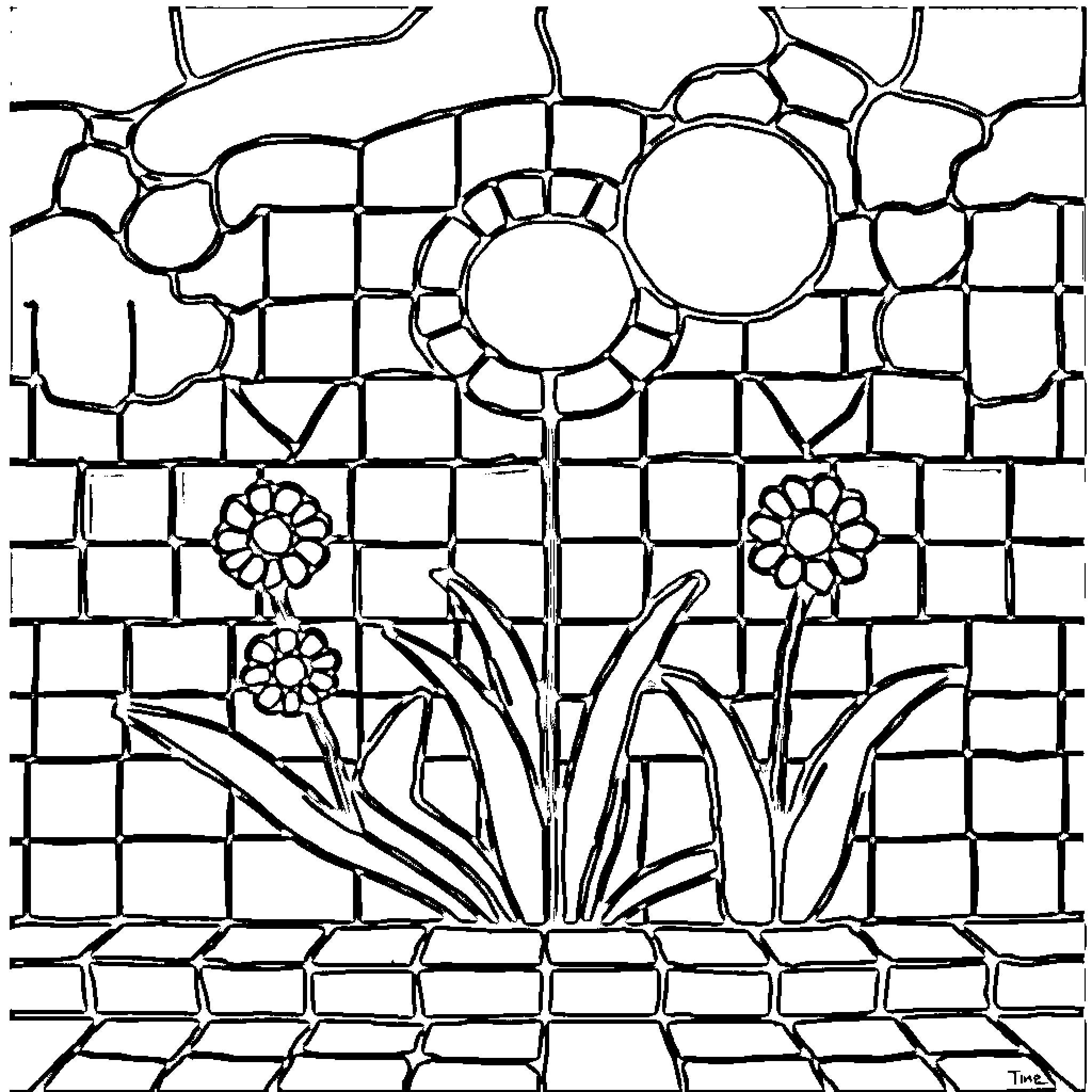 Mosaic design with abstract floral elements Coloring Page (free black-and-white line drawing printable PDF for all, from beginners to advanced learners, including children, teens, adults, and seniors)