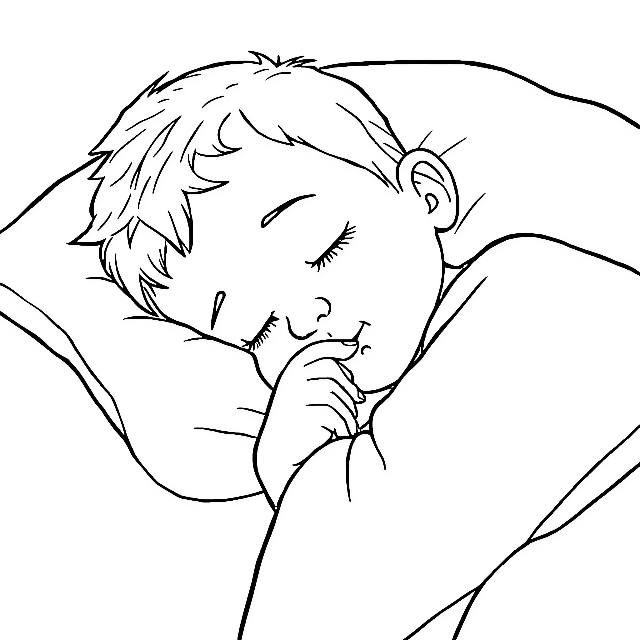 Boy peacefully sleeping in blanket Coloring Page (free black-and-white line drawing printable PDF for all, from beginners to advanced learners, including children, teens, adults, and seniors)