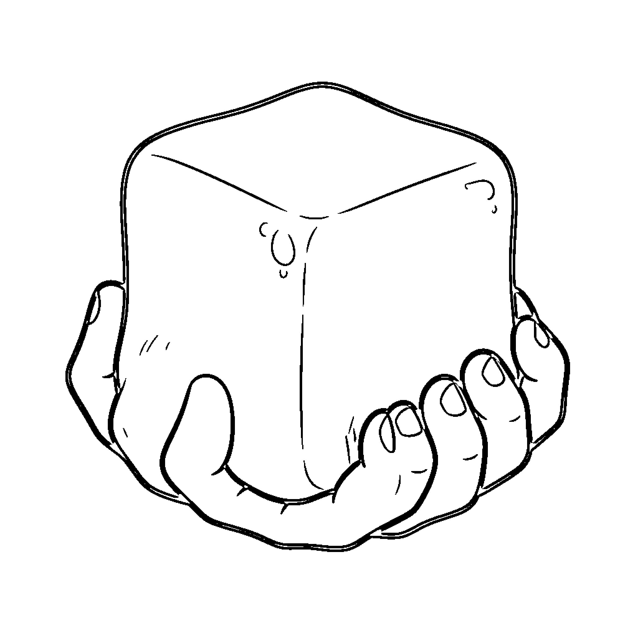 Cube being held carefully by two hands Coloring Page (free black-and-white line drawing printable PDF for all, from beginners to advanced learners, including children, teens, adults, and seniors)