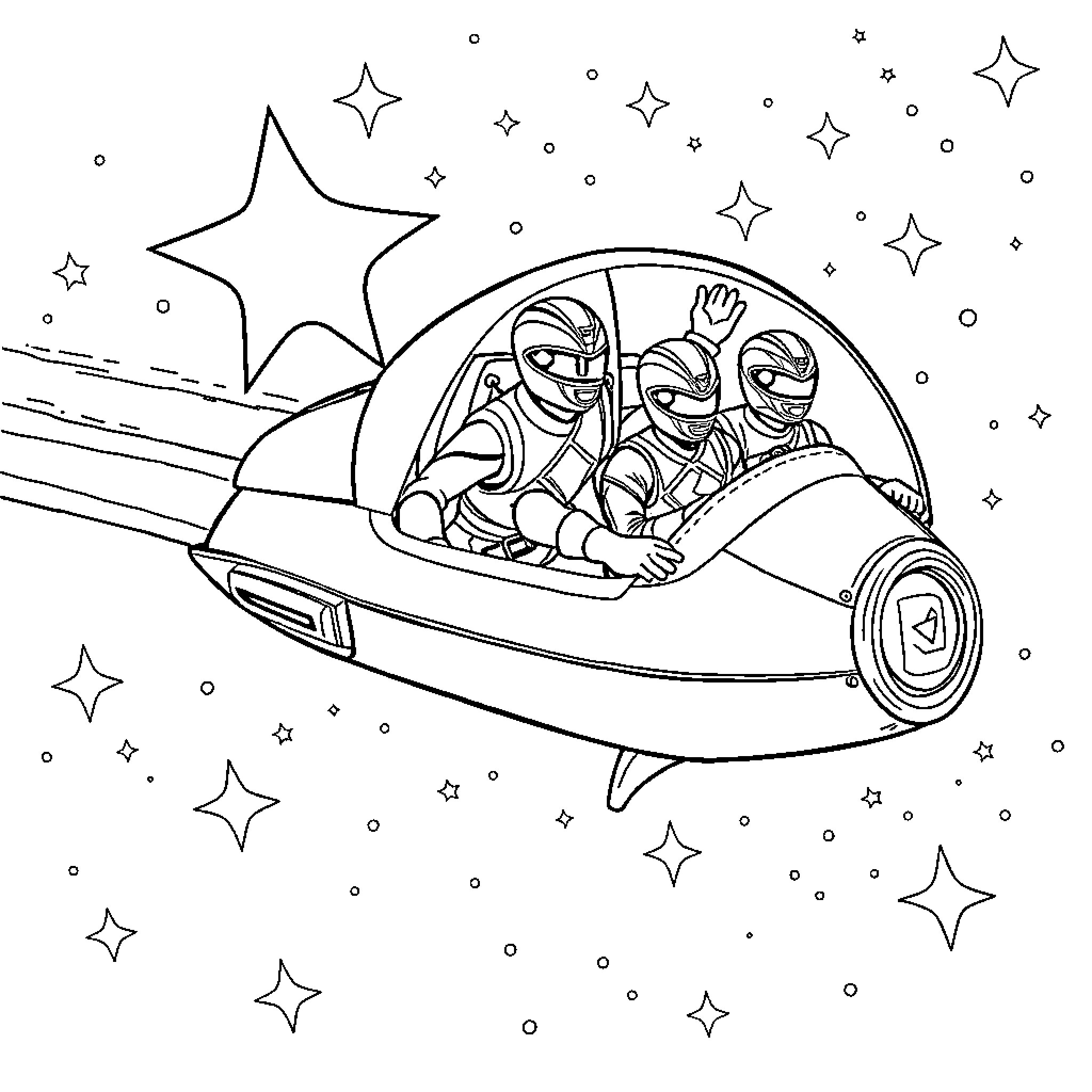 Power Rangers Soaring Through the Cosmos Coloring Page (free black-and-white line drawing printable PDF for all, from beginners to advanced learners, including children, teens, adults, and seniors)