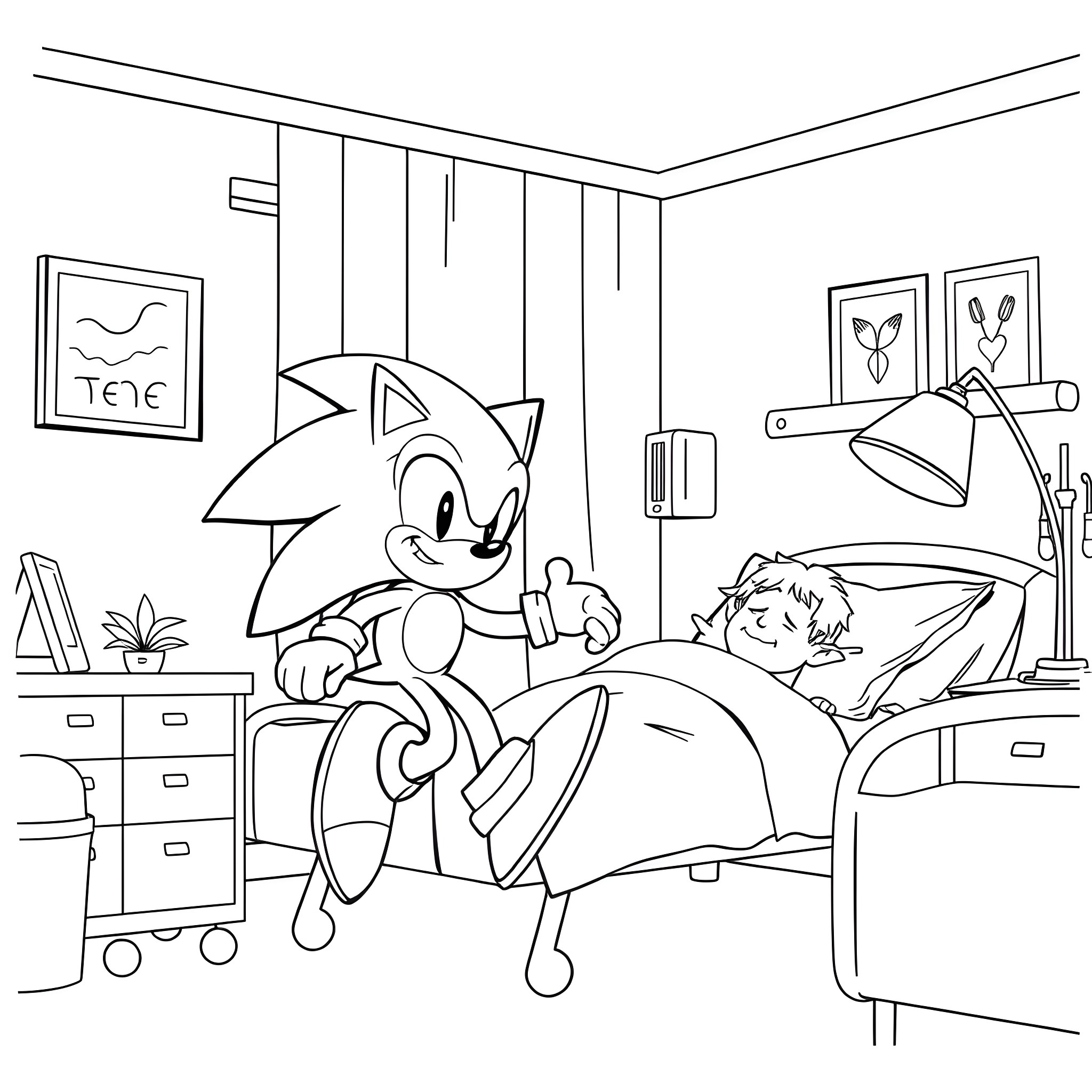 Sonic Watching Over a Sleeping Kid in Bedroom Coloring Page (free black-and-white line drawing printable PDF for all, from beginners to advanced learners, including children, teens, adults, and seniors)