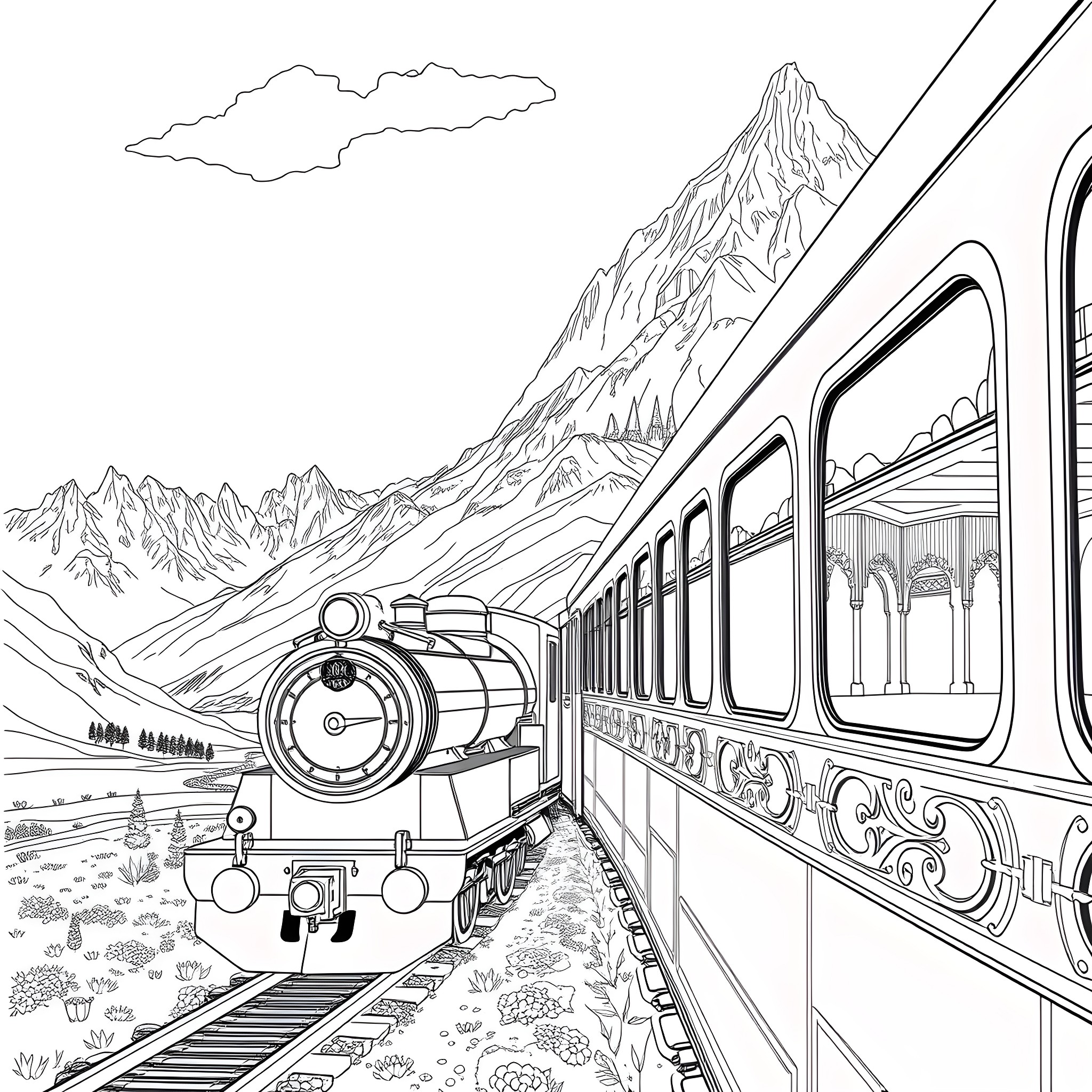 Belmond Hiram Bingham train traveling through majestic mountain landscape Coloring Page (free black-and-white line drawing printable PDF for all, from beginners to advanced learners, including children, teens, adults, and seniors)