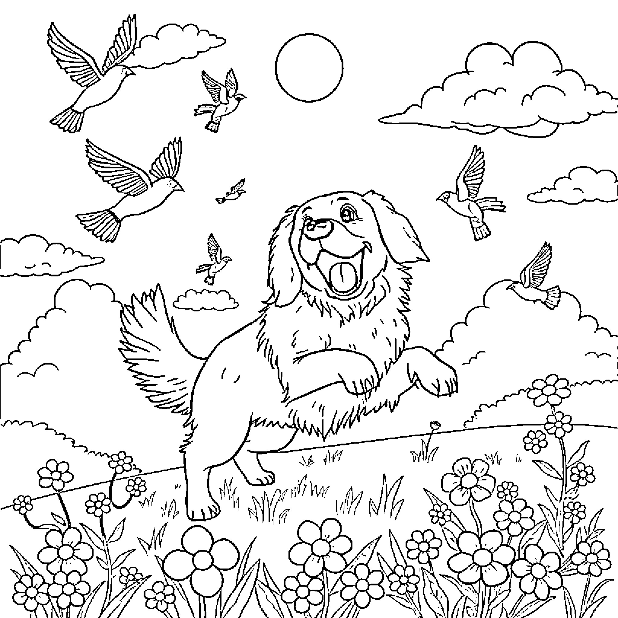 Golden Retriever playing joyfully in a field of flowers Coloring Page (free black-and-white line drawing printable PDF for all, from beginners to advanced learners, including children, teens, adults, and seniors)
