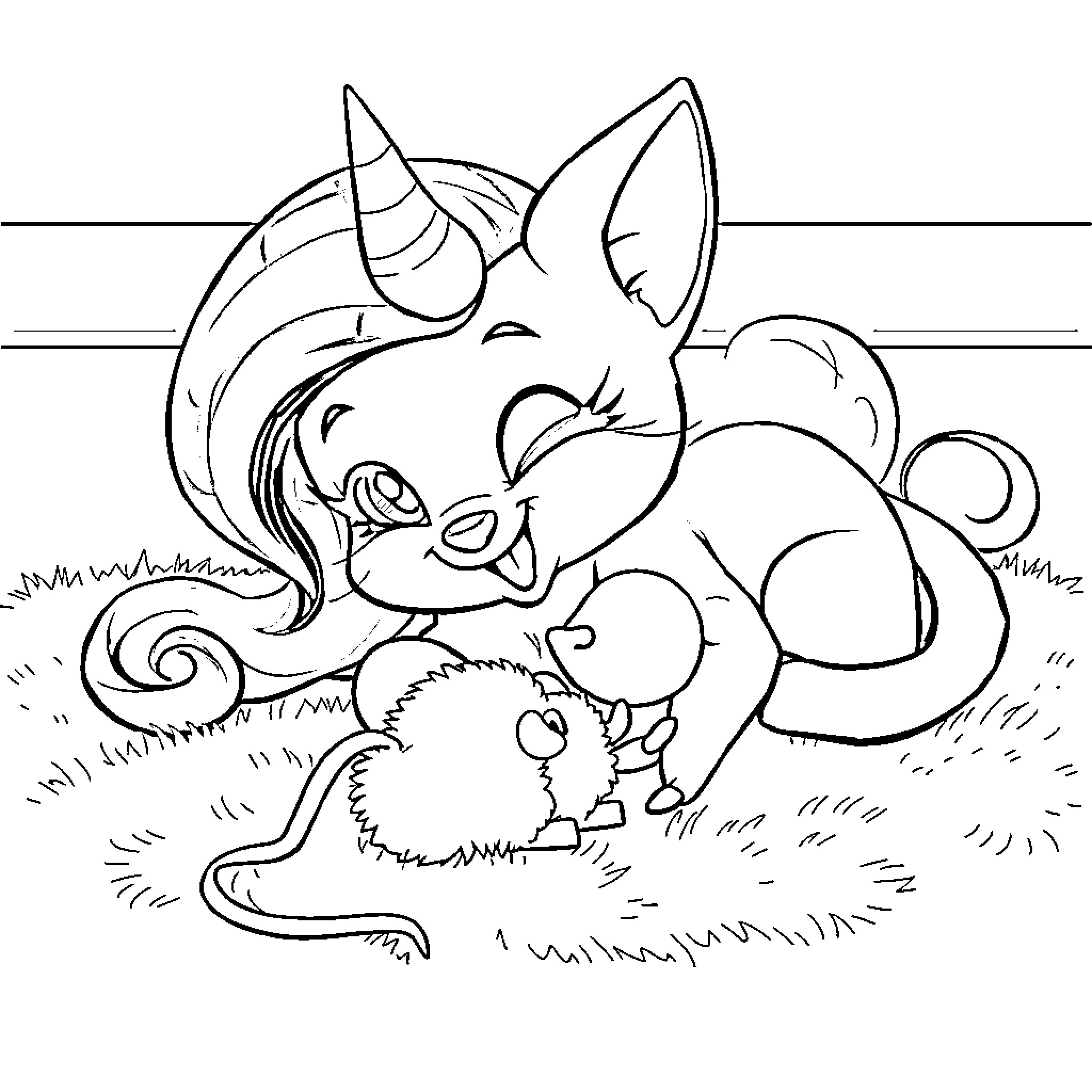 Nyra the Unicorn Playing with Tiny Animal Friend Coloring Page (free black-and-white line drawing printable PDF for all, from beginners to advanced learners, including children, teens, adults, and seniors)