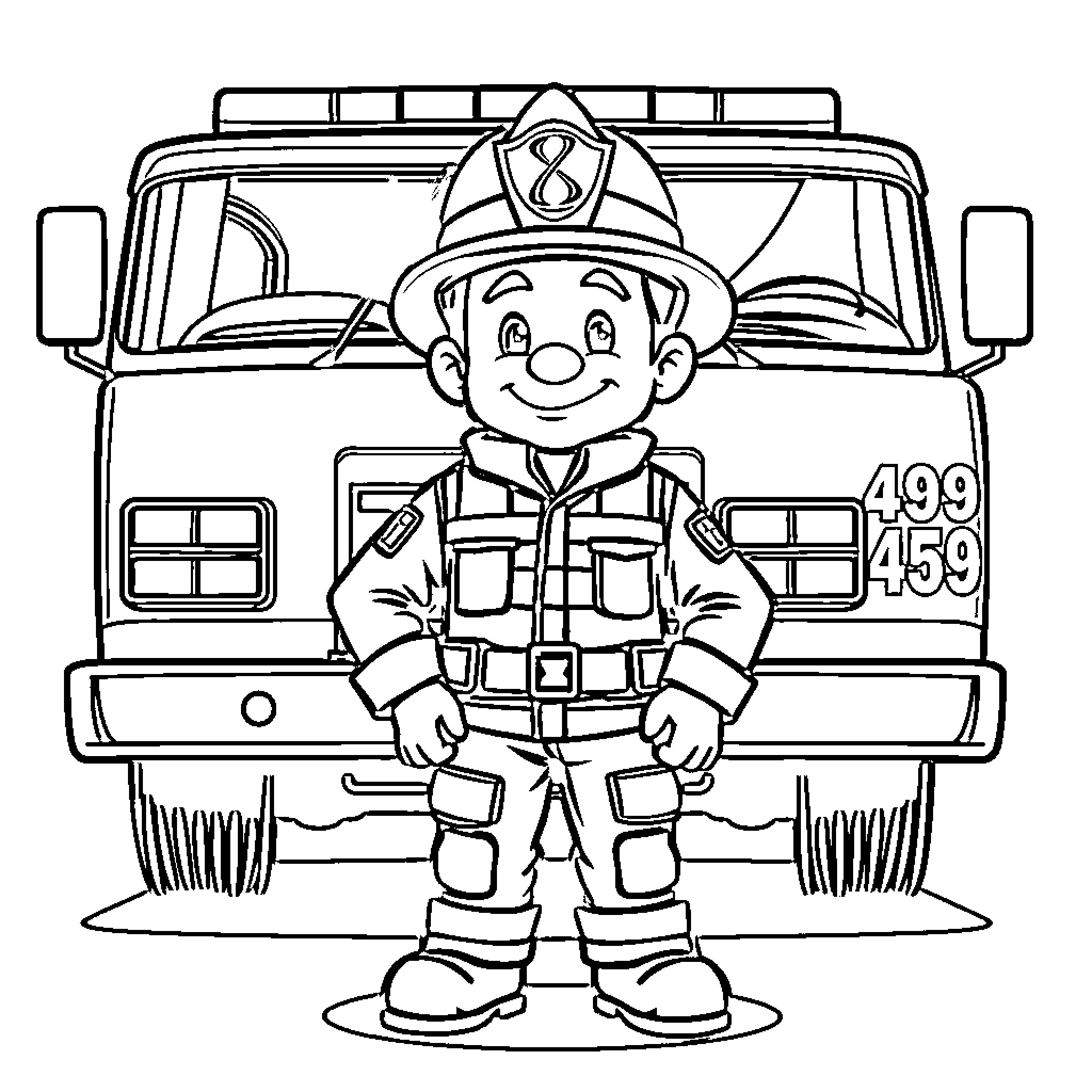 Firefighter in action with fire truck Coloring Page (free black-and-white line drawing printable PDF for all, from beginners to advanced learners, including children, teens, adults, and seniors)