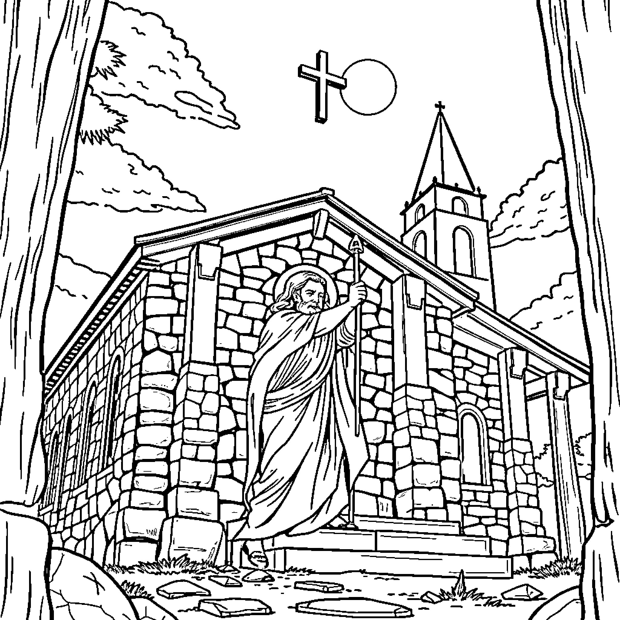 Saint Joseph Praying Outside Stone Church Coloring Page (free black-and-white line drawing printable PDF for all, from beginners to advanced learners, including children, teens, adults, and seniors)