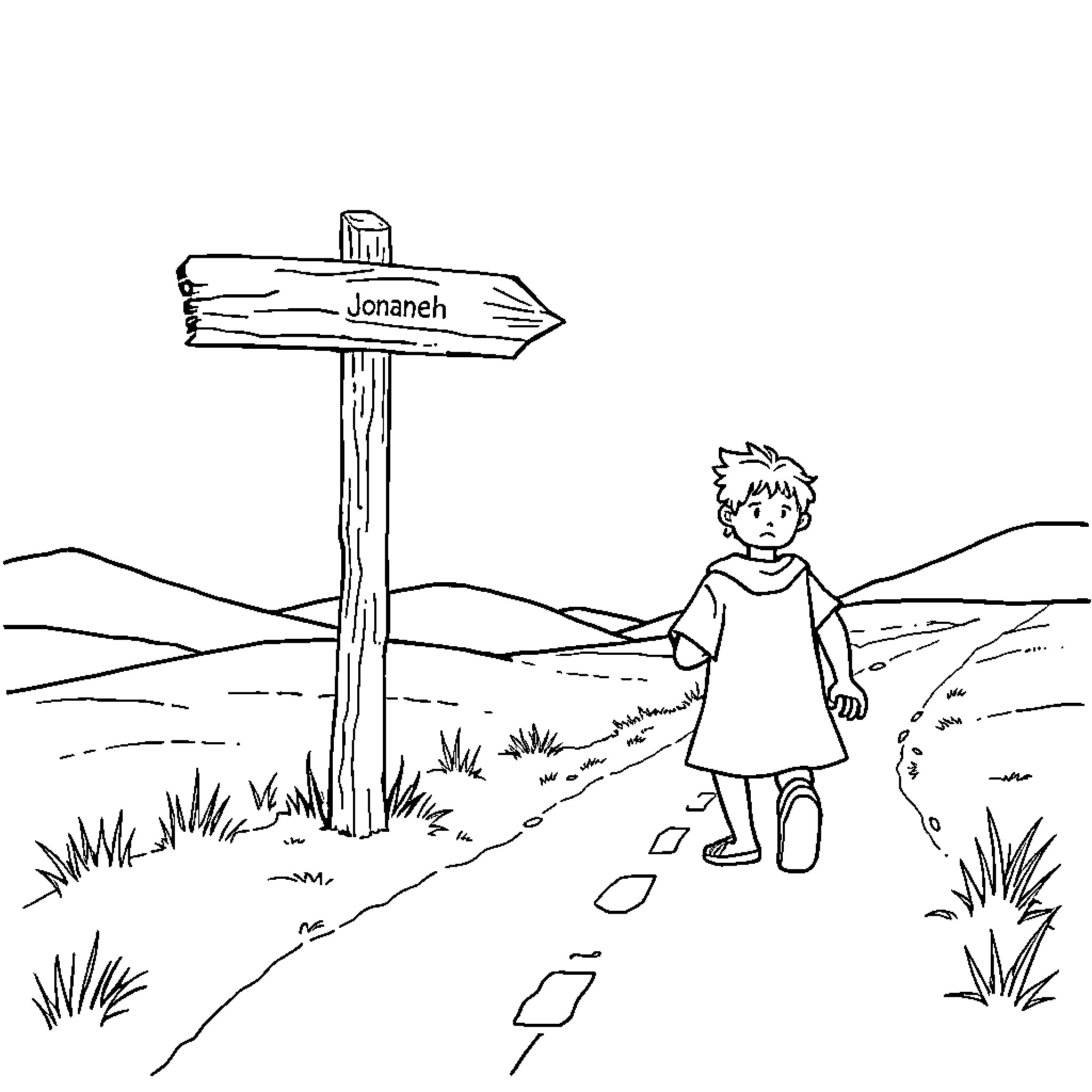 Jonah exploring the path with a signpost Coloring Page (free black-and-white line drawing printable PDF for all, from beginners to advanced learners, including children, teens, adults, and seniors)
