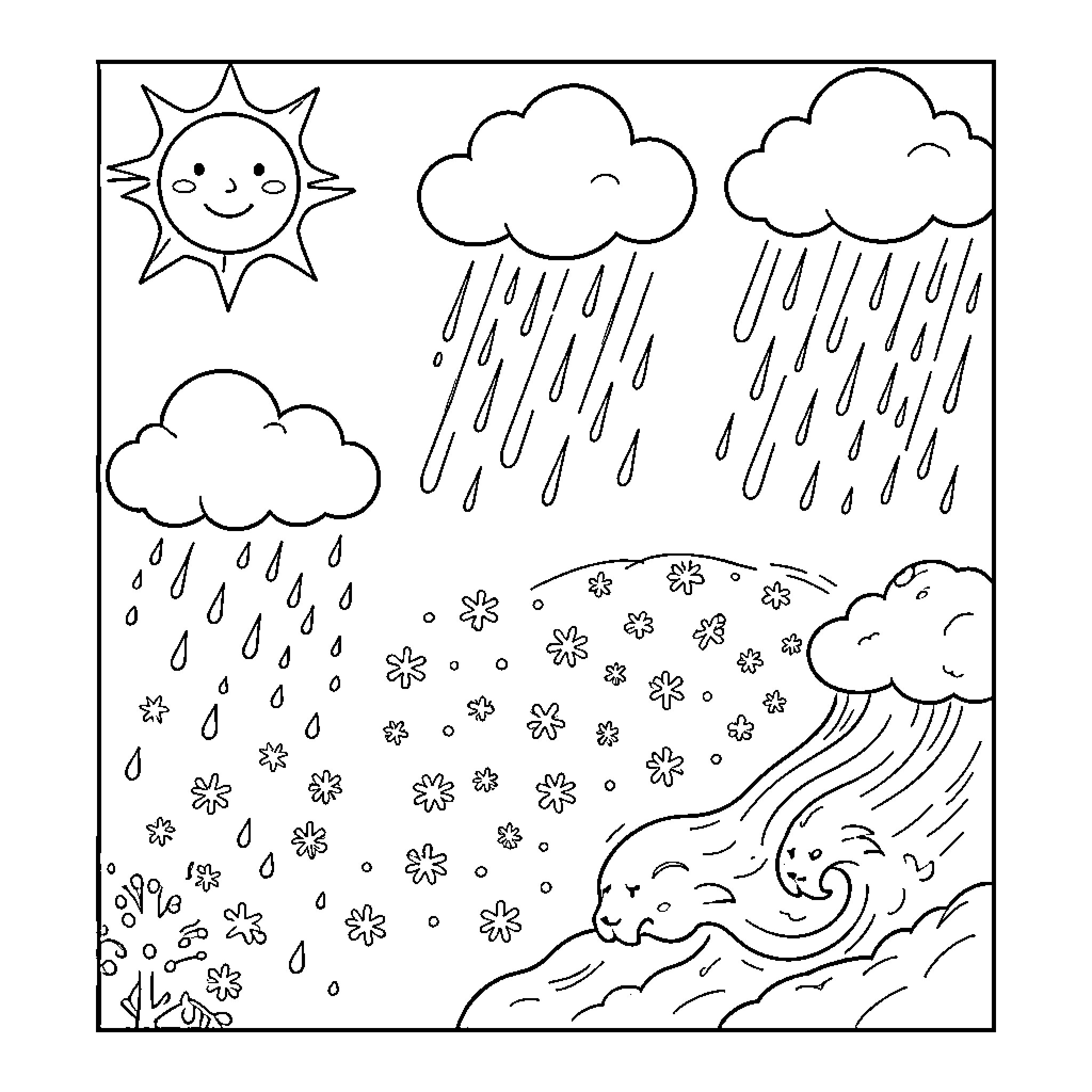 Weather showing sun, rain clouds, and falling snowflakes Coloring Page (free black-and-white line drawing printable PDF for all, from beginners to advanced learners, including children, teens, adults, and seniors)