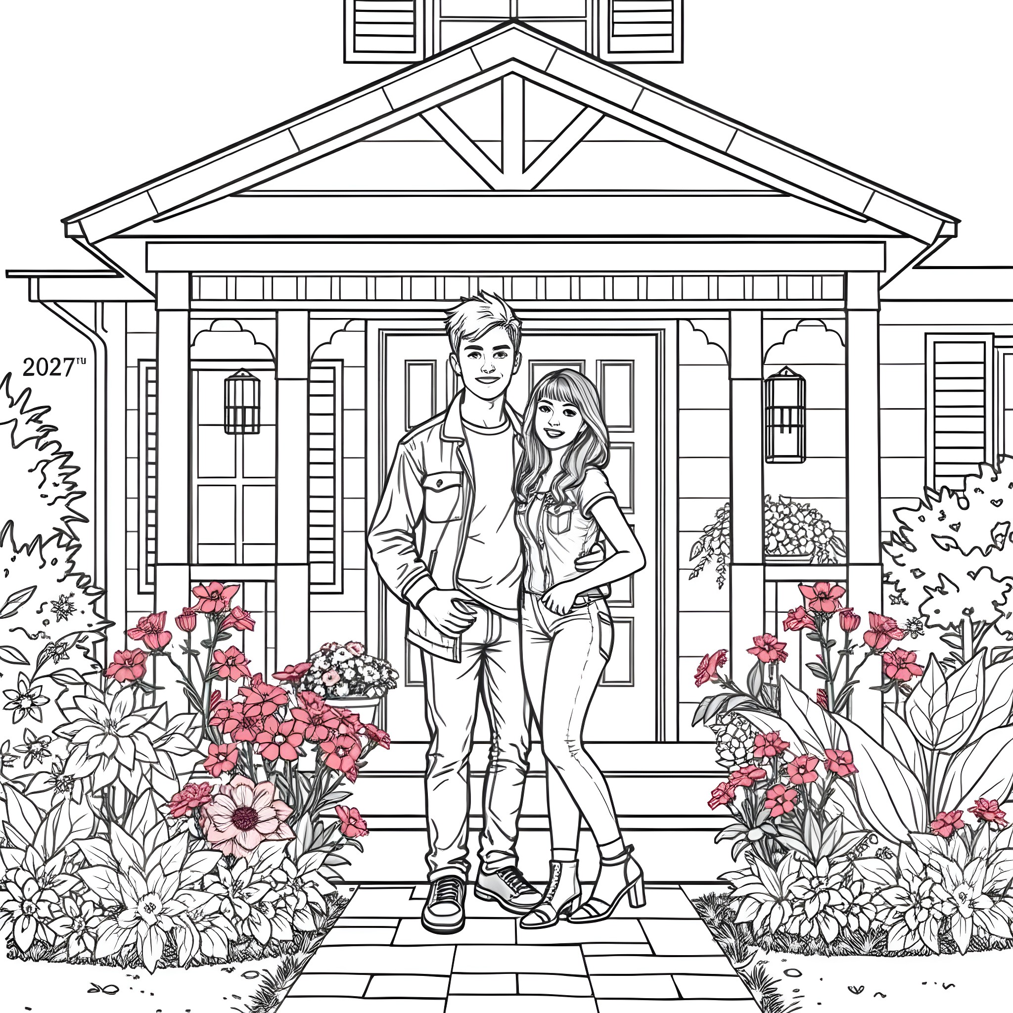 Teen Couple Enjoying Casual Moment at Charming Cottage Coloring Page (free black-and-white line drawing printable PDF for all, from beginners to advanced learners, including children, teens, adults, and seniors)