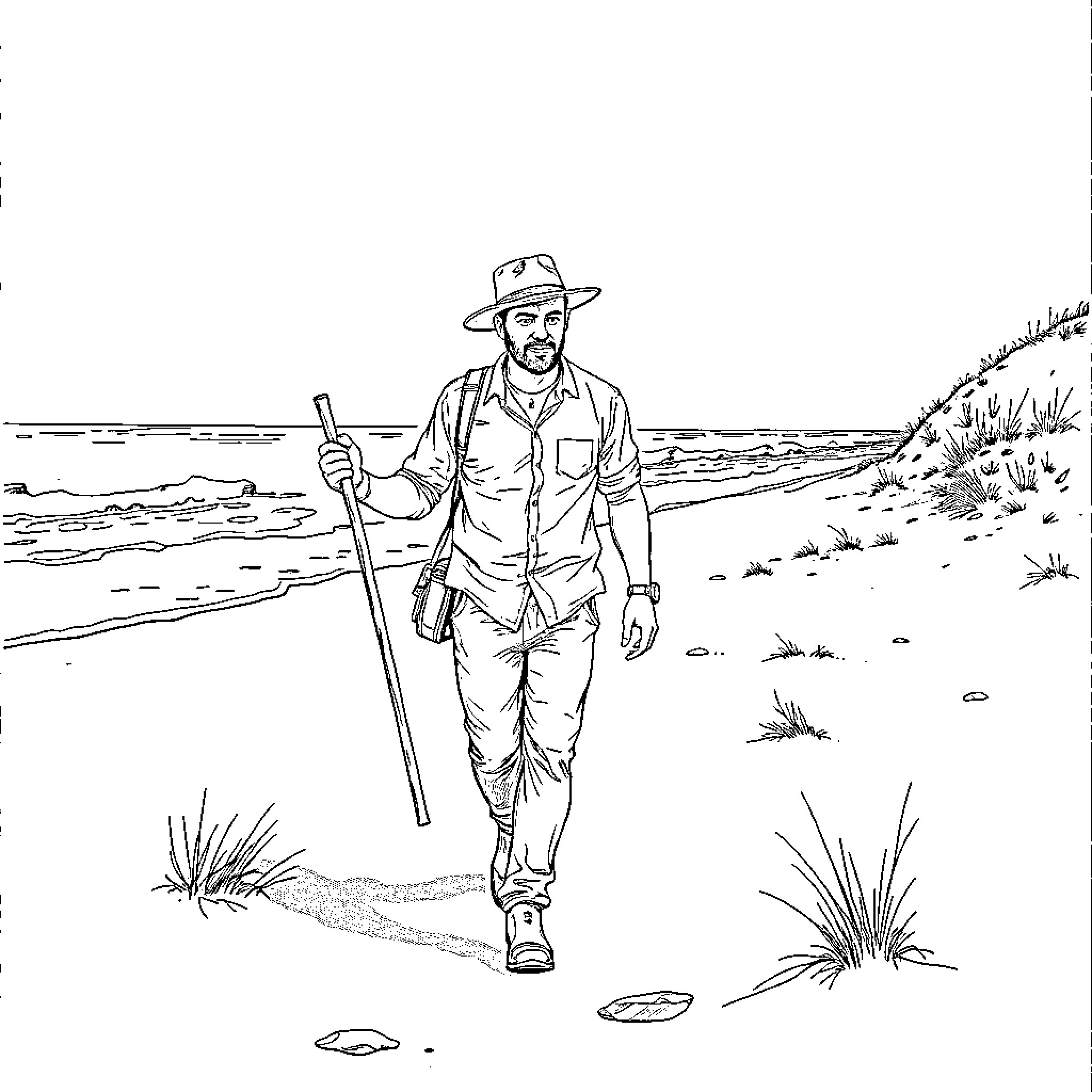 Andrzej Duda walking alone on a countryside path Coloring Page (free black-and-white line drawing printable PDF for all, from beginners to advanced learners, including children, teens, adults, and seniors)