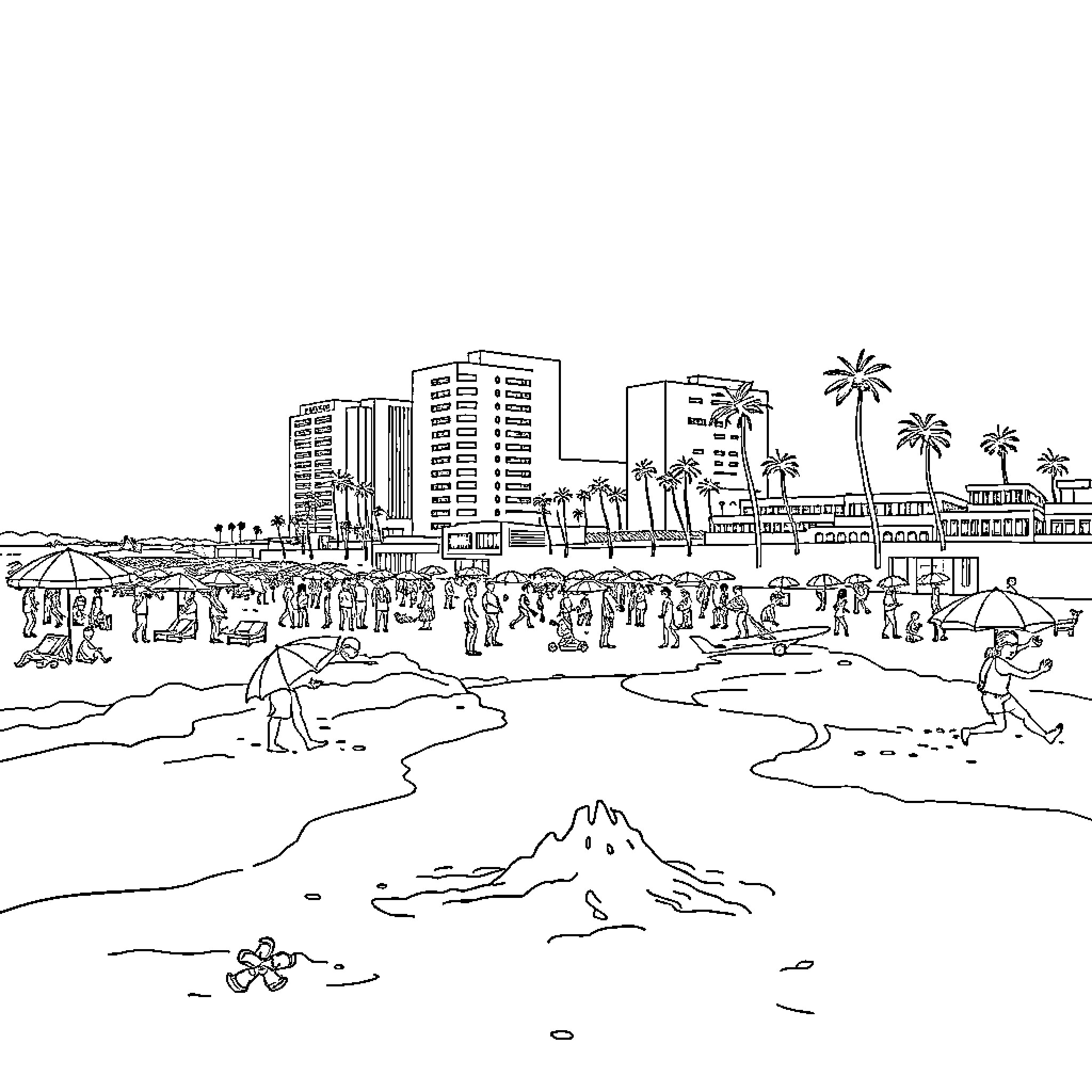Beach scene with people, buildings, and palm trees Coloring Page (free black-and-white line drawing printable PDF for all, from beginners to advanced learners, including children, teens, adults, and seniors)