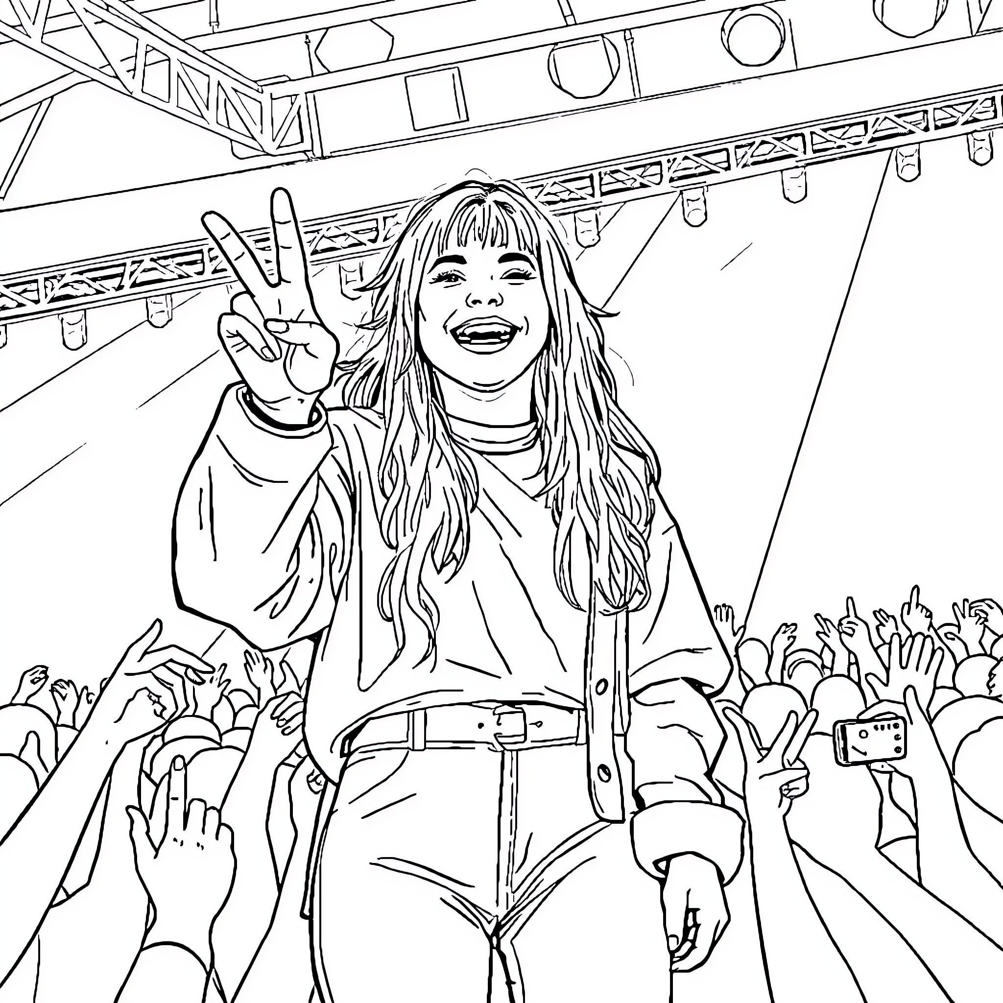 Billie Eilish Performing on Stage with Crowd Coloring Page (free black-and-white line drawing printable PDF for all, from beginners to advanced learners, including children, teens, adults, and seniors)