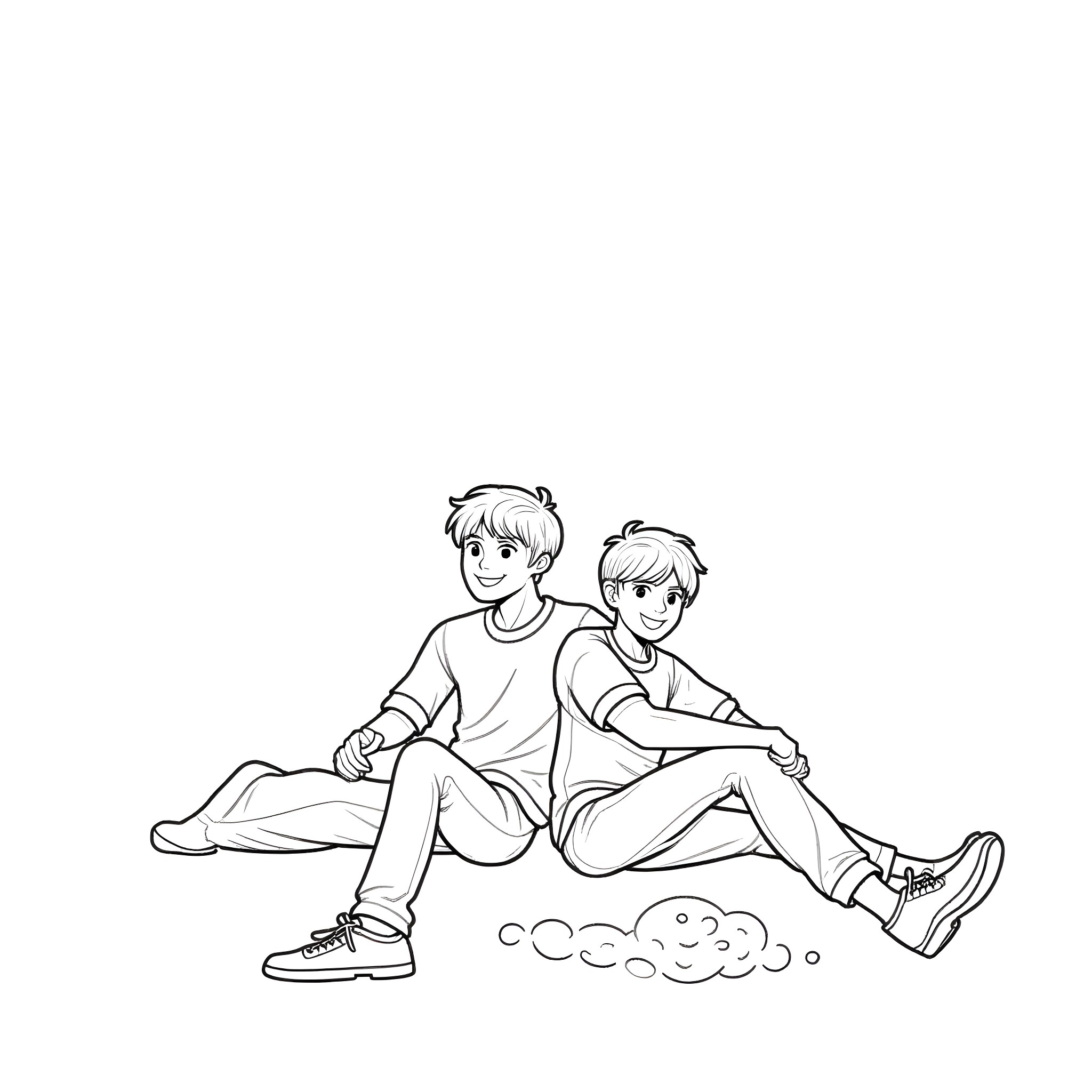 Teen Male Friends Relaxing Outdoors Coloring Page (free black-and-white line drawing printable PDF for all, from beginners to advanced learners, including children, teens, adults, and seniors)
