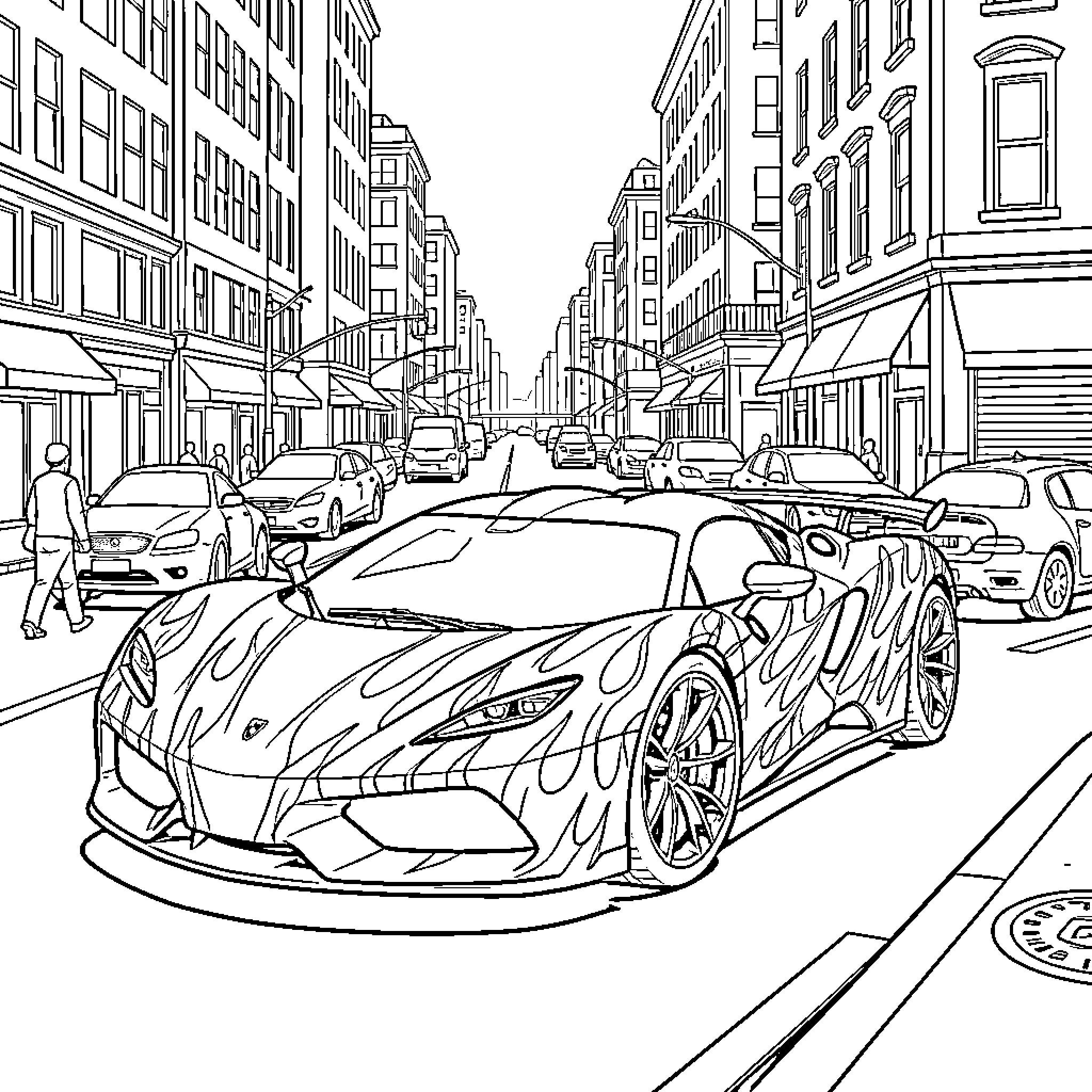 Koenigsegg driving through a busy city street Coloring Page (free black-and-white line drawing printable PDF for all, from beginners to advanced learners, including children, teens, adults, and seniors)