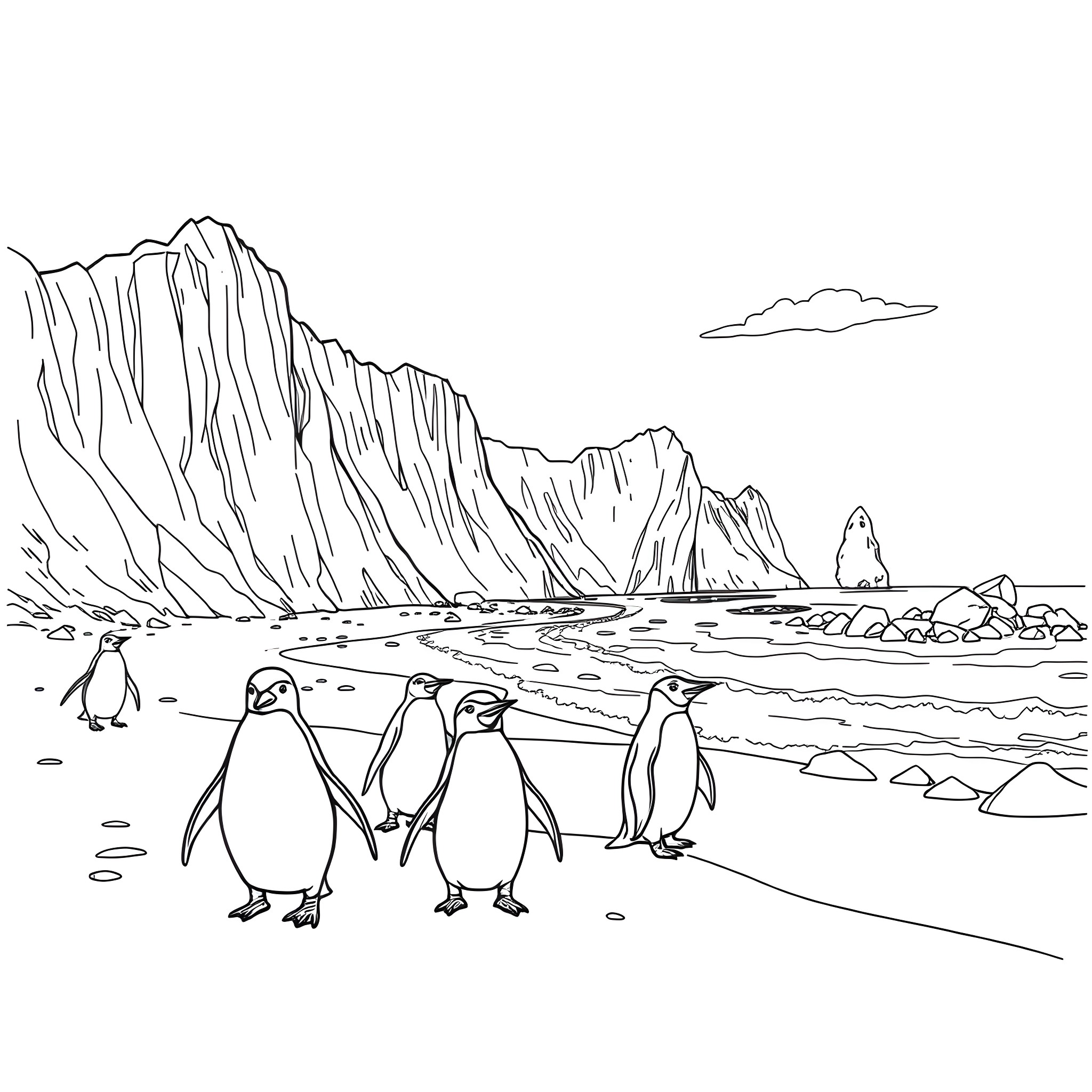 Penguins strolling on the icy beach Coloring Page (free black-and-white line drawing printable PDF for all, from beginners to advanced learners, including children, teens, adults, and seniors)