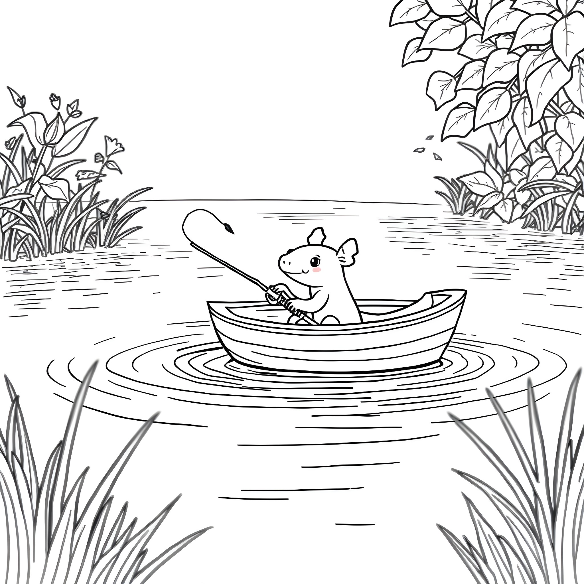 Axolotl paddling in a boat on a pond Coloring Page (free black-and-white line drawing printable PDF for all, from beginners to advanced learners, including children, teens, adults, and seniors)