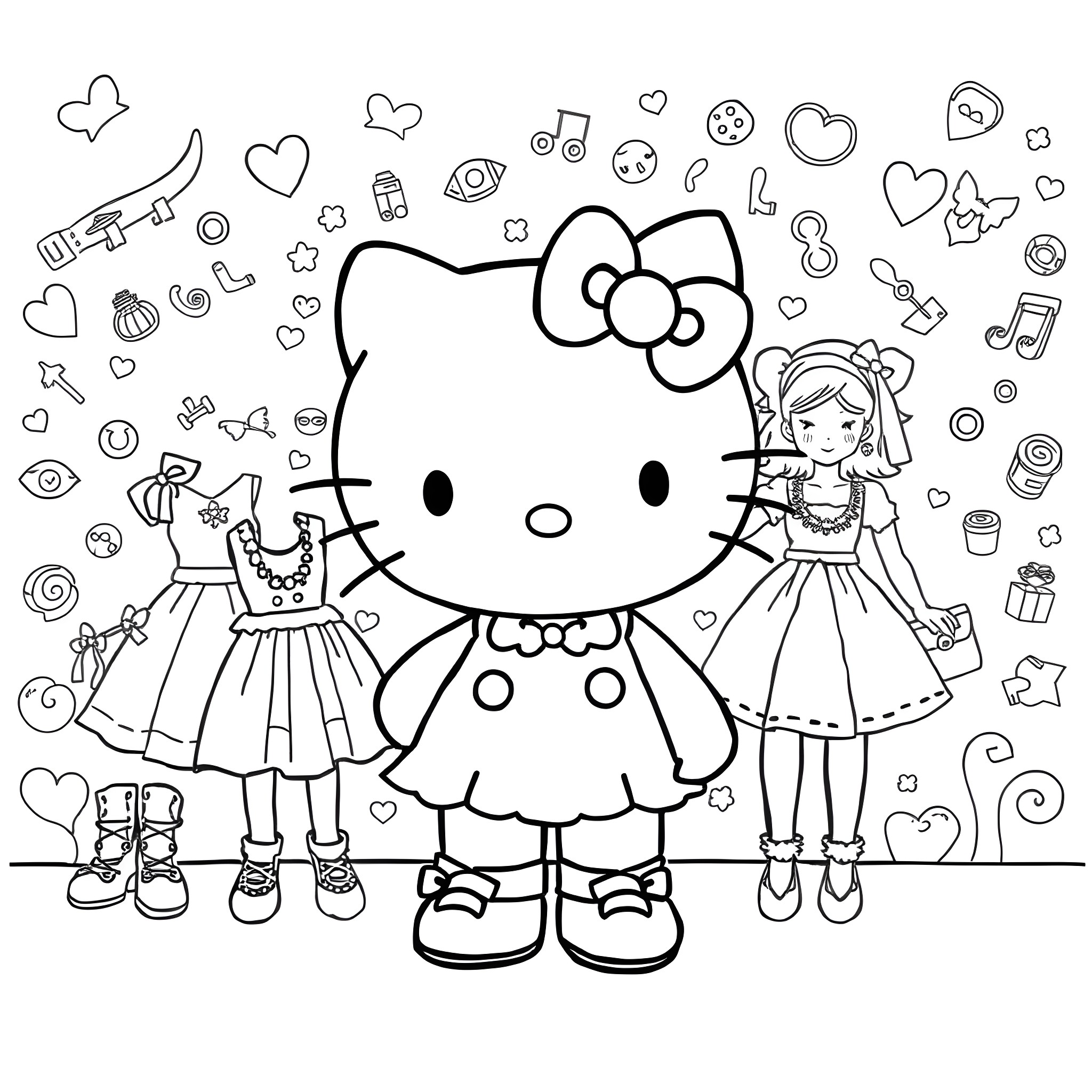 Hello Kitty and Friends Explore Fashion Accessories Coloring Page (free black-and-white line drawing printable PDF for all, from beginners to advanced learners, including children, teens, adults, and seniors)
