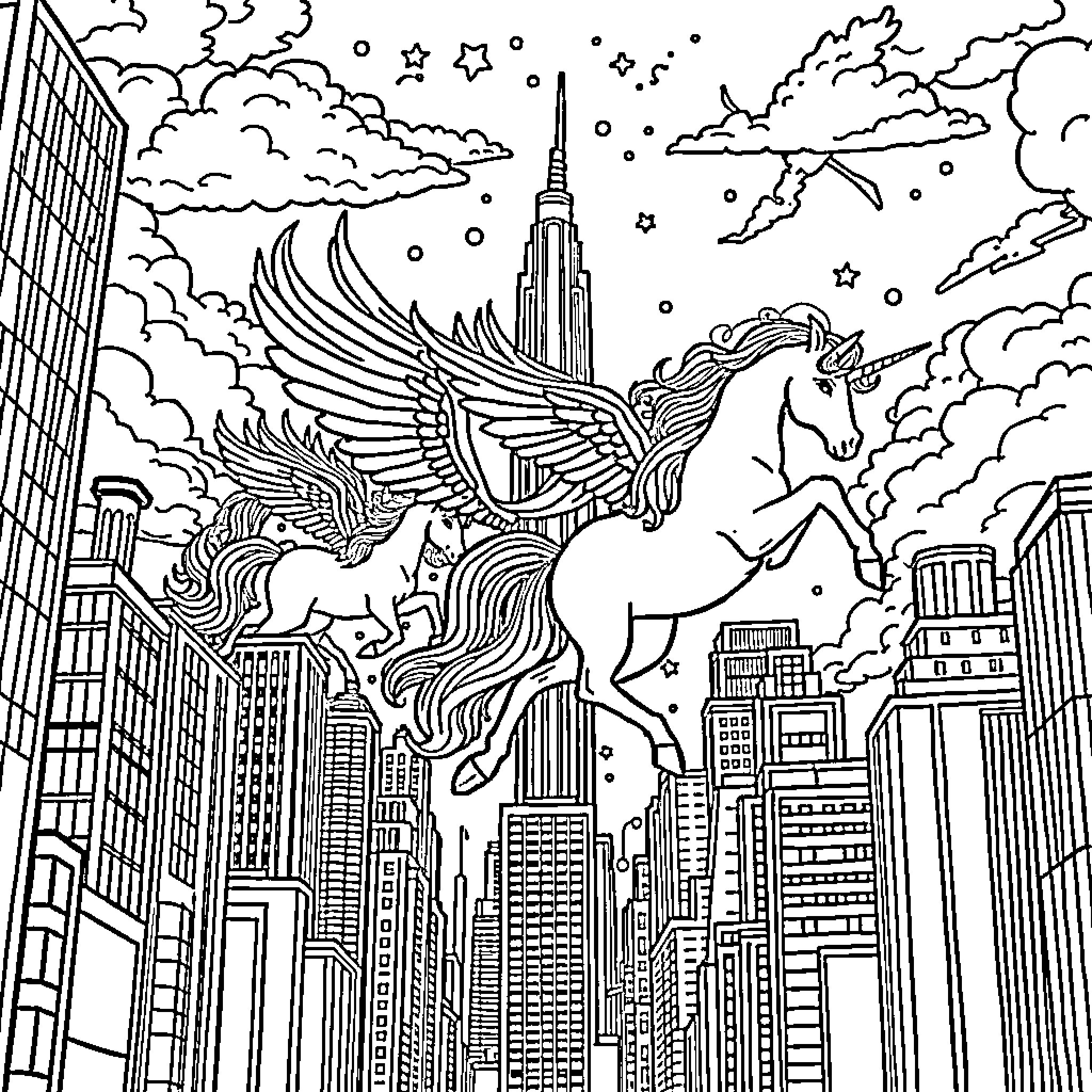 Unicorn Soaring Over Fantastical Cityscape Coloring Page (free black-and-white line drawing printable PDF for all, from beginners to advanced learners, including children, teens, adults, and seniors)
