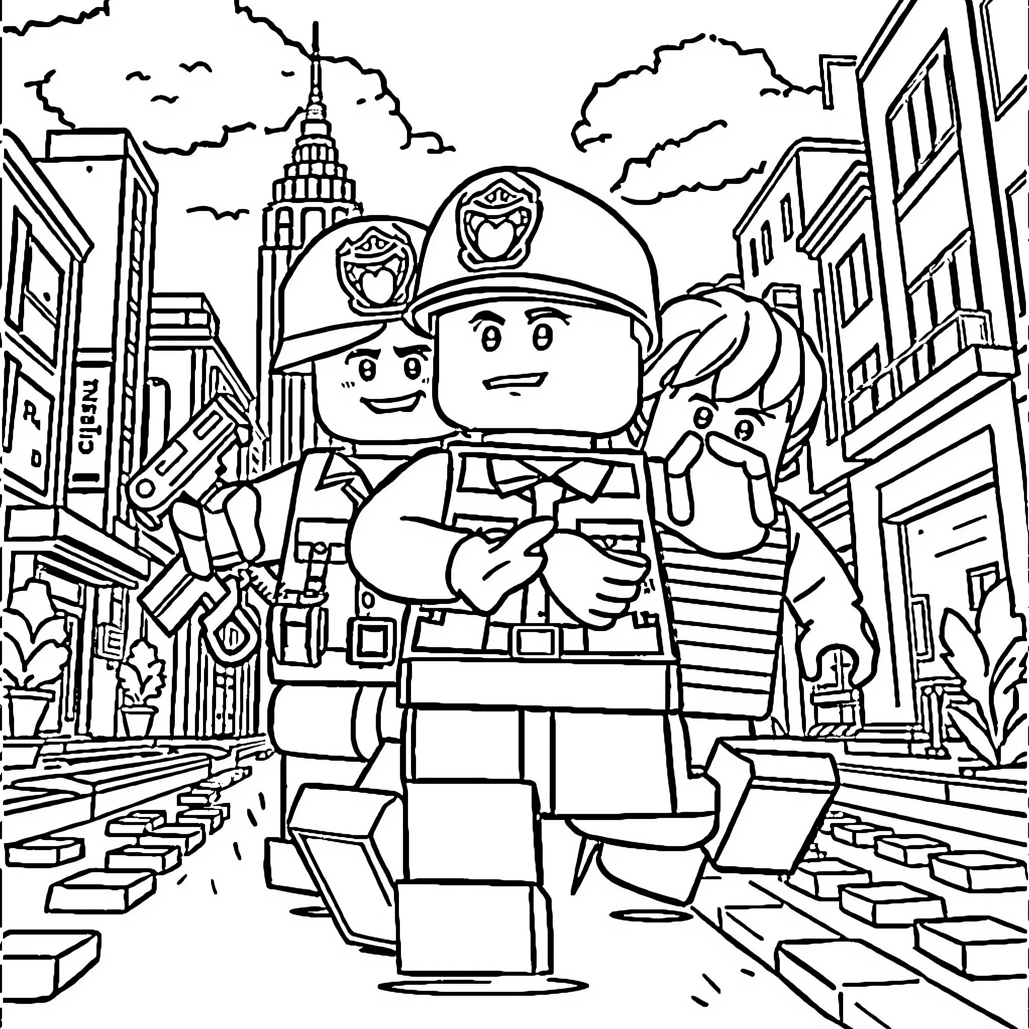 Lego Police Officers Patrolling the City Streets Coloring Page (free black-and-white line drawing printable PDF for all, from beginners to advanced learners, including children, teens, adults, and seniors)