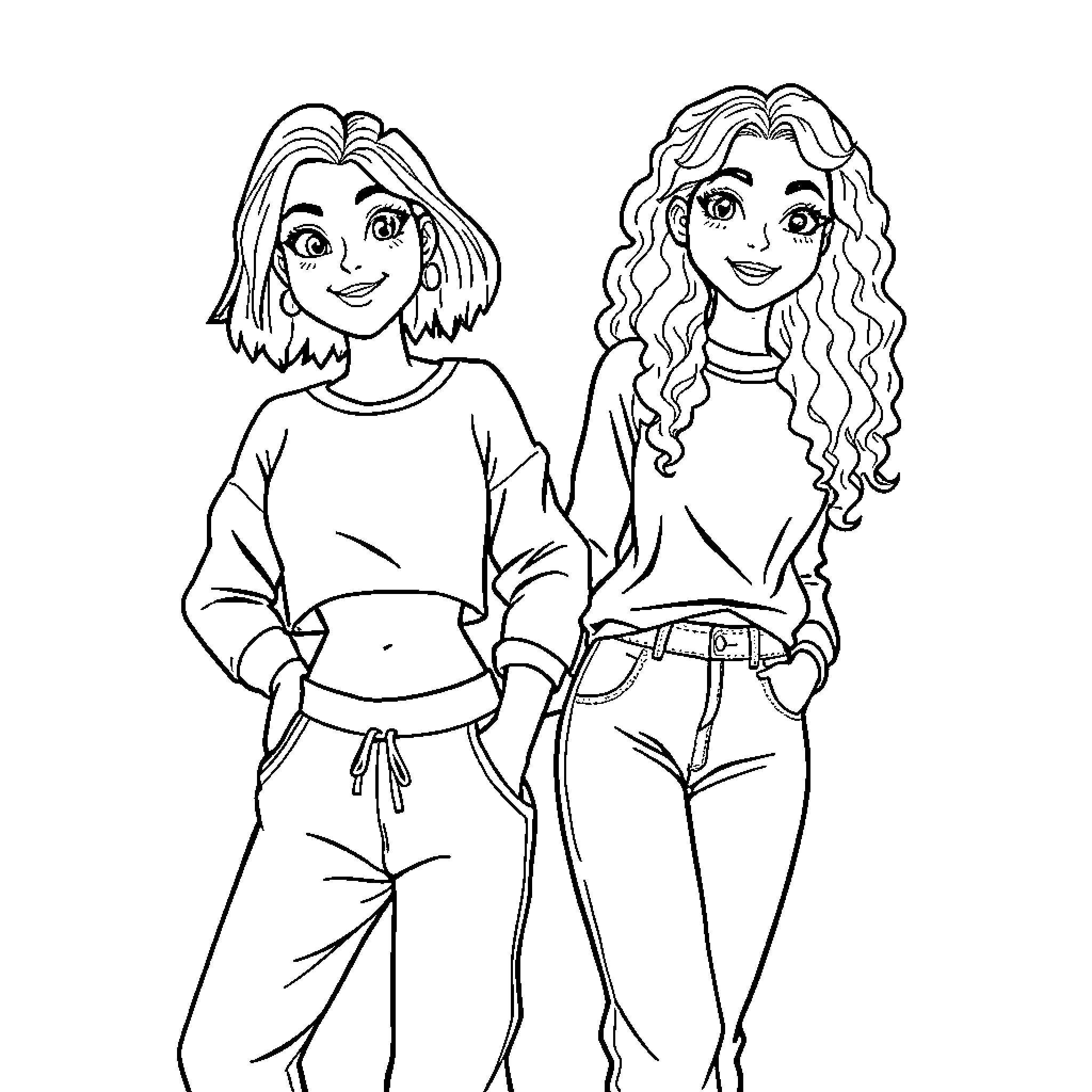 Best Friend Duo in Casual Outfits Coloring Page (free black-and-white line drawing printable PDF for all, from beginners to advanced learners, including children, teens, adults, and seniors)