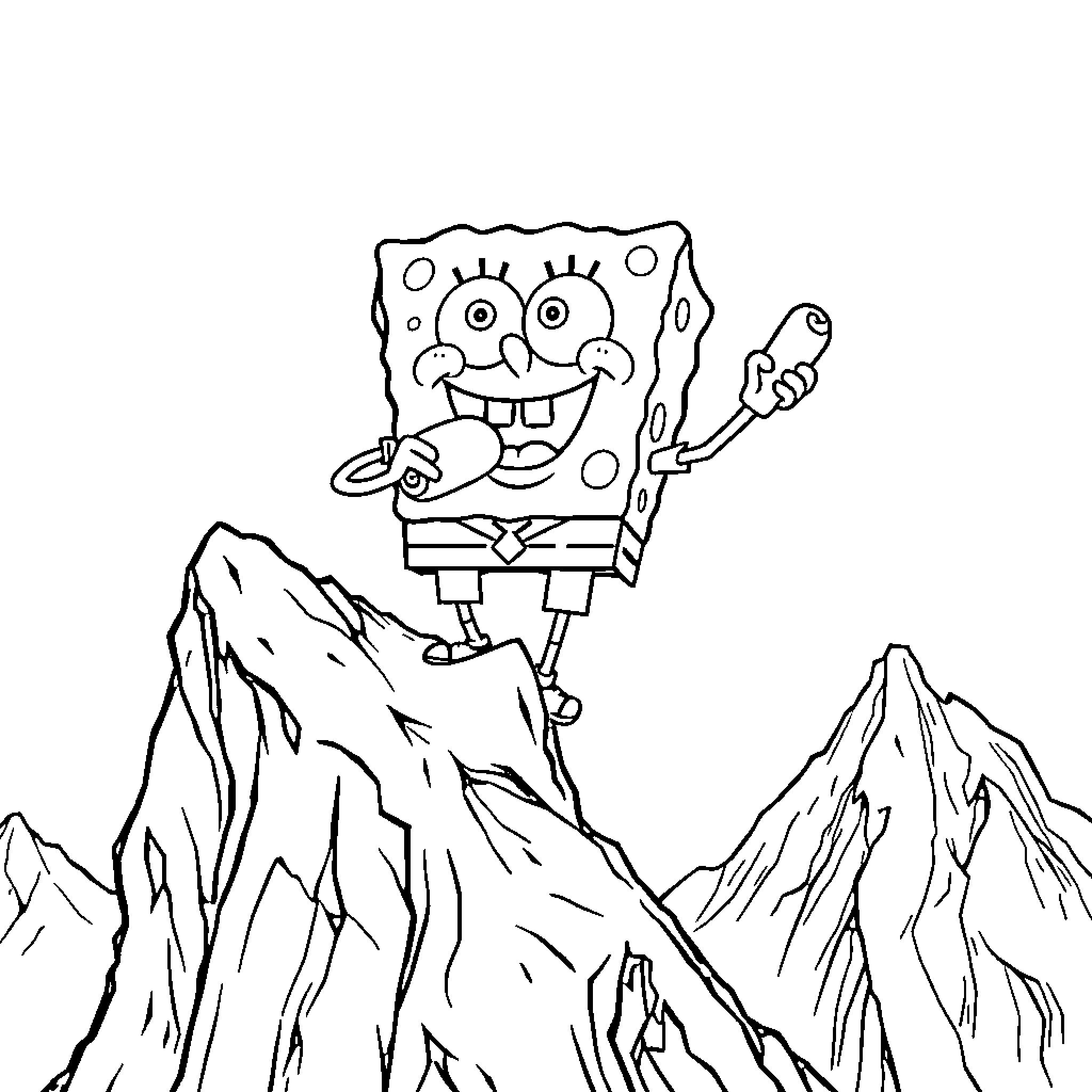Spongebob Climbing Mountainous Terrain Coloring Page (free black-and-white line drawing printable PDF for all, from beginners to advanced learners, including children, teens, adults, and seniors)
