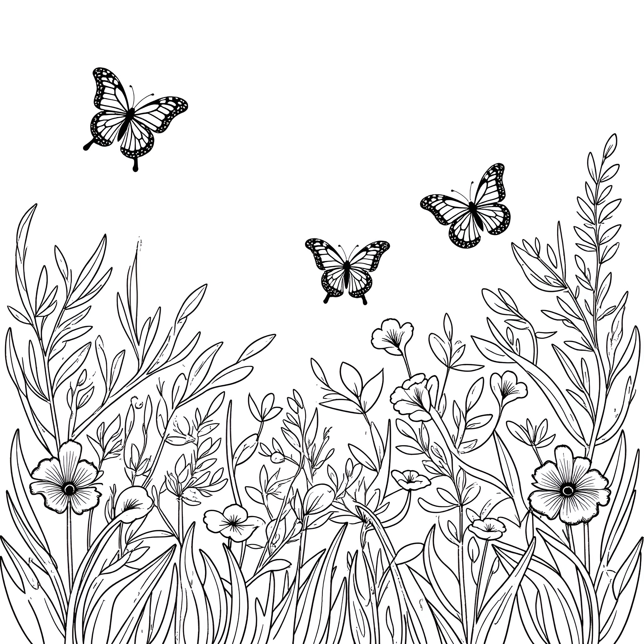 Butterfly Garden with Floral Silhouettes Coloring Page (free black-and-white line drawing printable PDF for all, from beginners to advanced learners, including children, teens, adults, and seniors)