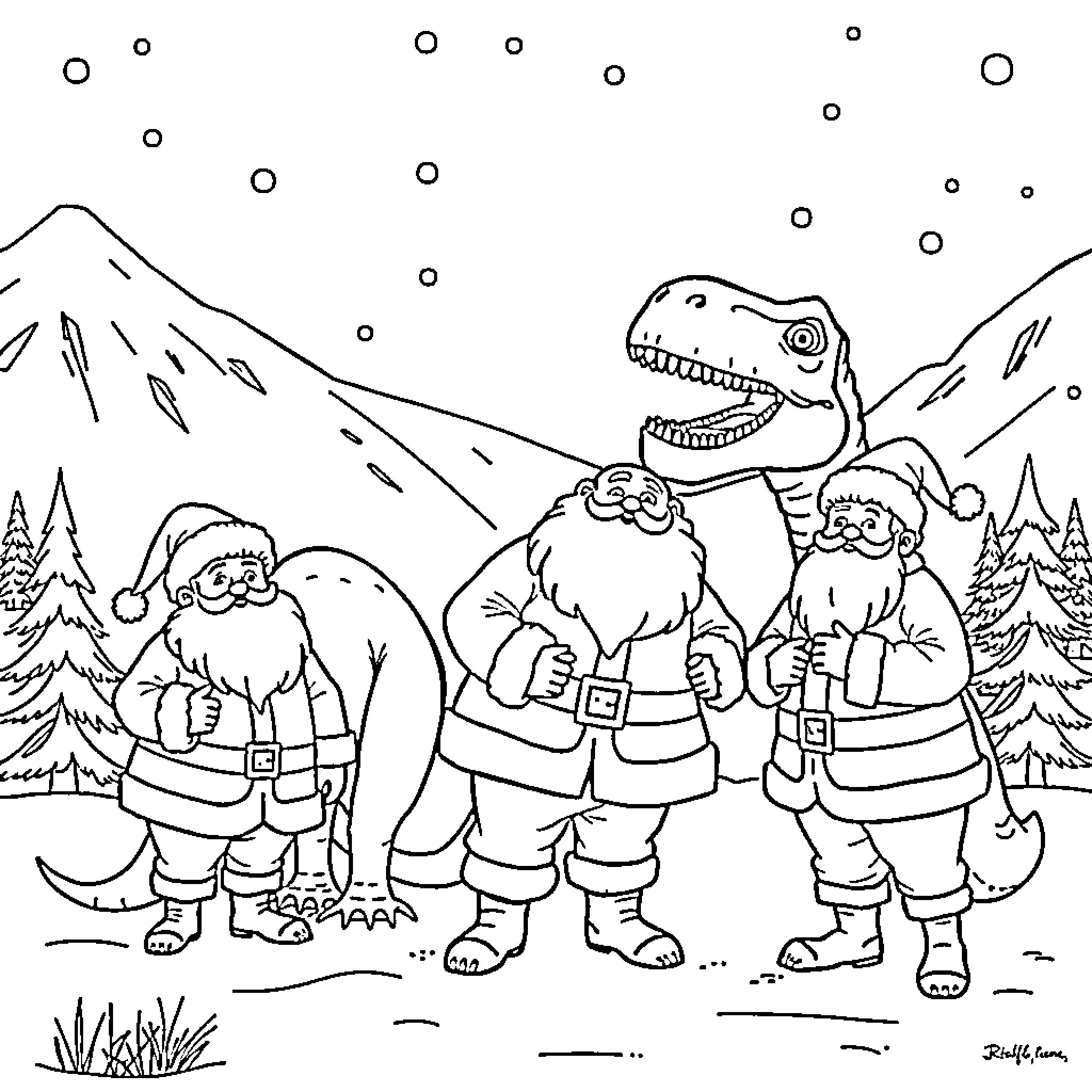 Santa and friends encounter a dinosaur in winter wonderland Coloring Page (free black-and-white line drawing printable PDF for all, from beginners to advanced learners, including children, teens, adults, and seniors)