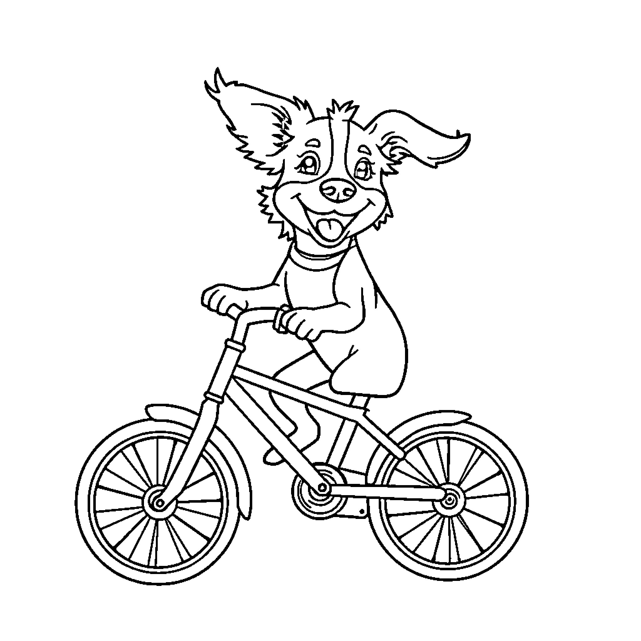 Dog riding bicycle joyfully Coloring Page (free black-and-white line drawing printable PDF for all, from beginners to advanced learners, including children, teens, adults, and seniors)