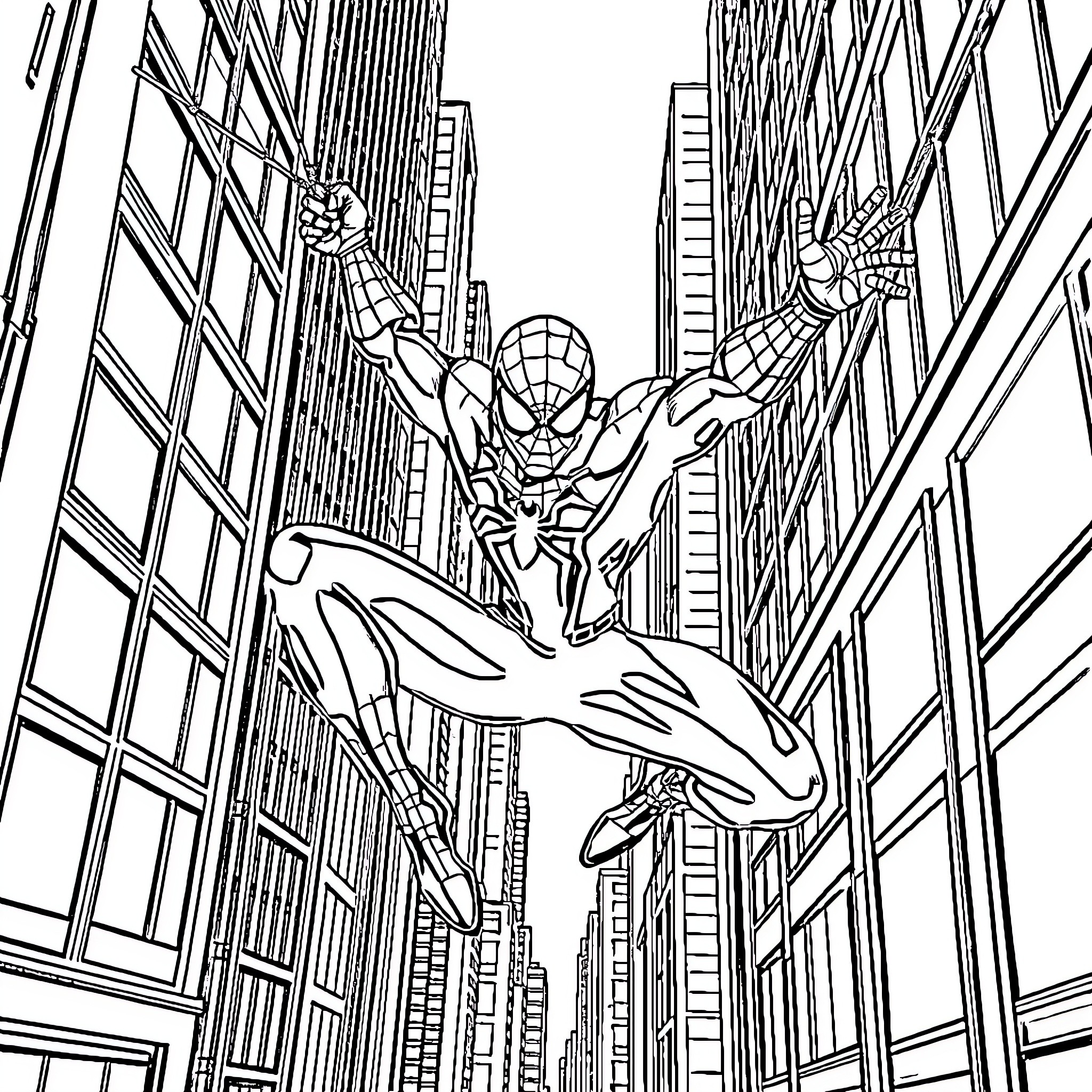 Spiderman swinging through the city skyline Coloring Page (free black-and-white line drawing printable PDF for all, from beginners to advanced learners, including children, teens, adults, and seniors)