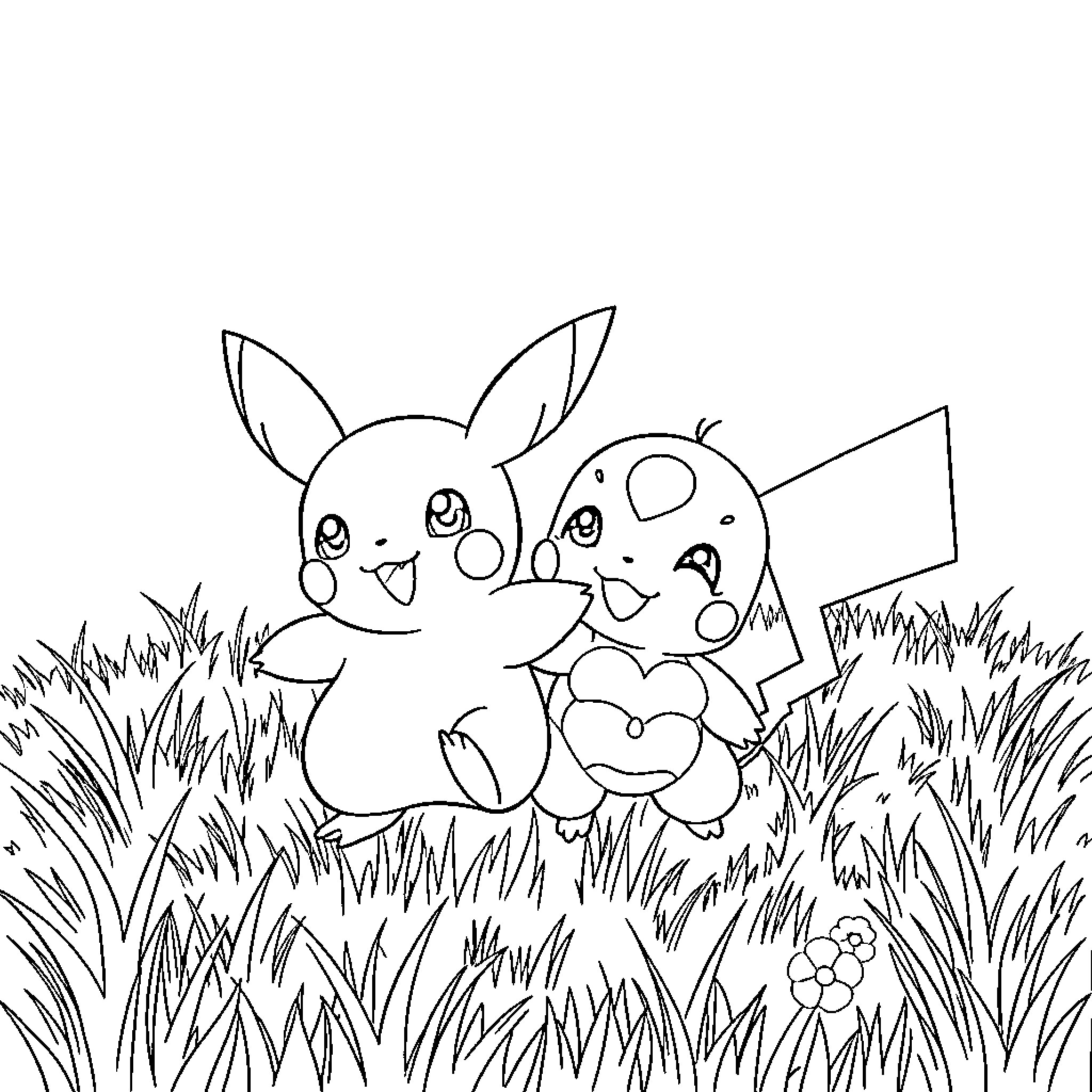 Pokémon friends playing happily in the grass Coloring Page (free black-and-white line drawing printable PDF for all, from beginners to advanced learners, including children, teens, adults, and seniors)