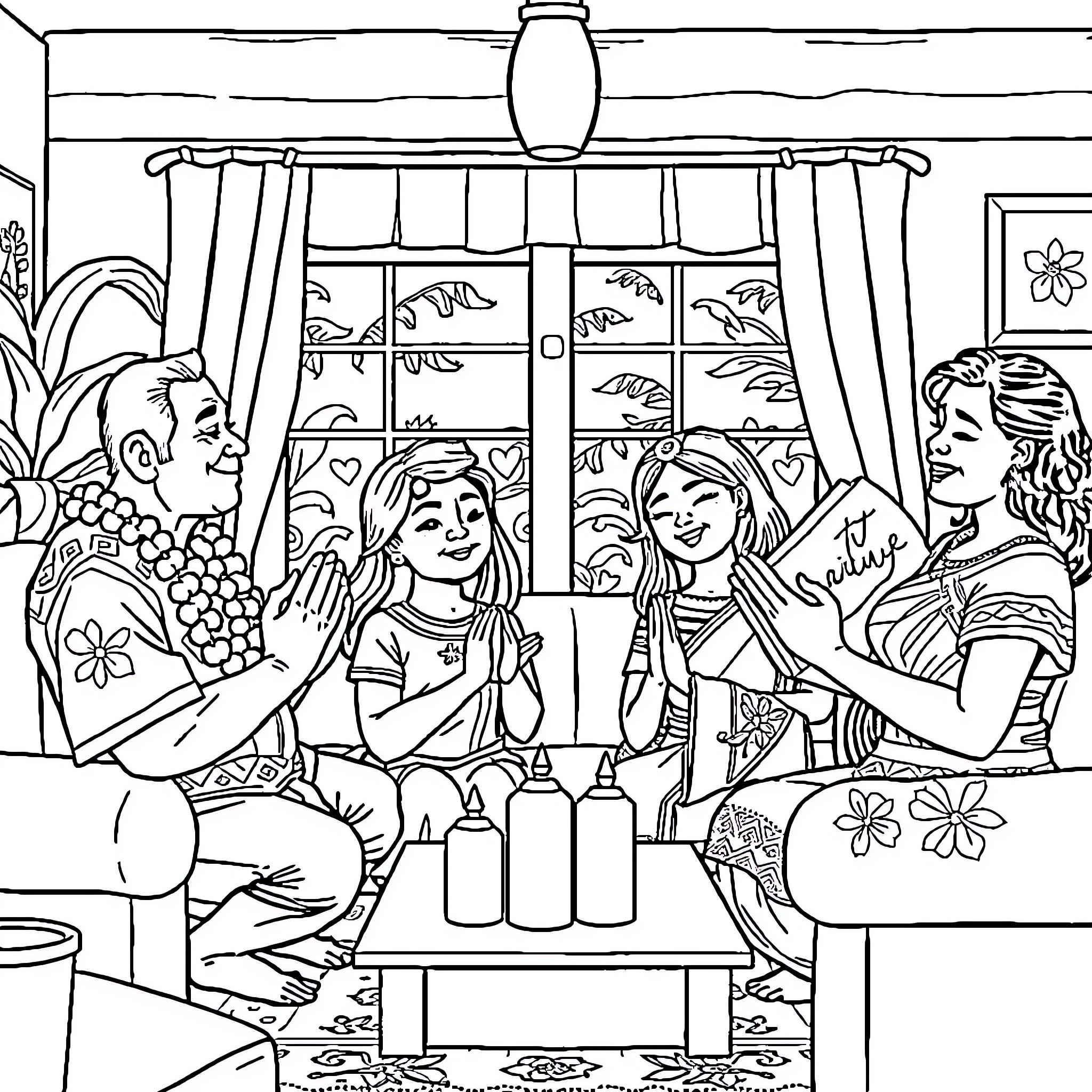 Family Gathering with Joyful Expressions Coloring Page (free black-and-white line drawing printable PDF for all, from beginners to advanced learners, including children, teens, adults, and seniors)