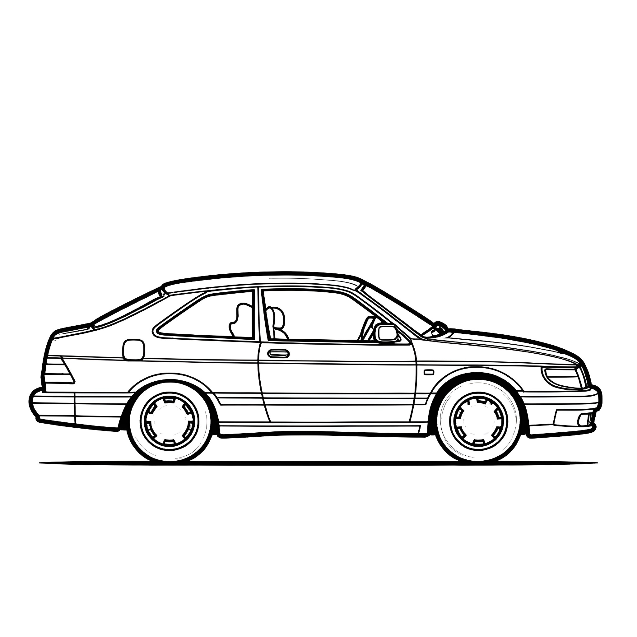 Saab 9000 sports car in outline illustration Coloring Page (free black-and-white line drawing printable PDF for all, from beginners to advanced learners, including children, teens, adults, and seniors)