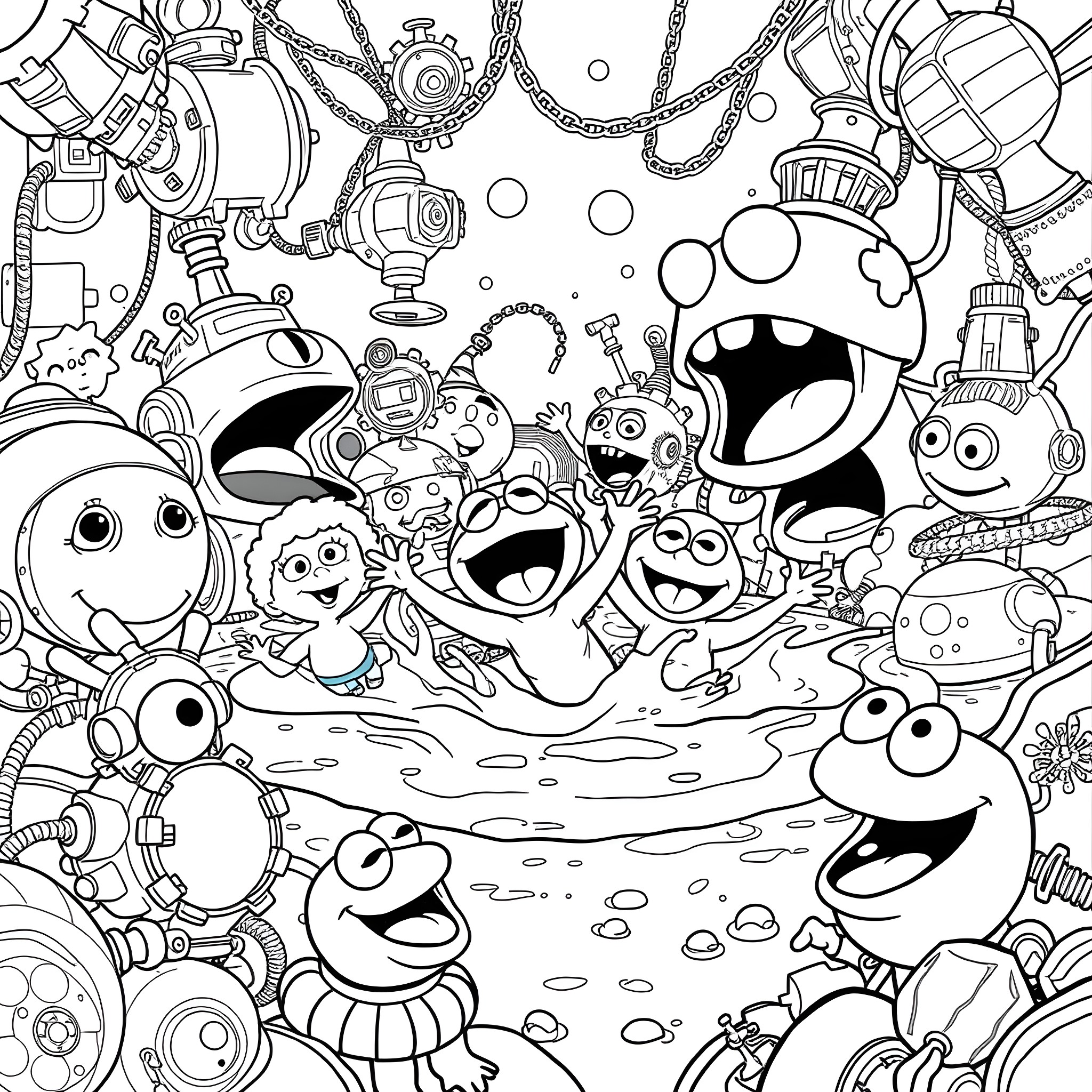 Muppet Babies playing in a whimsical mechanical wonderland Coloring Page (free black-and-white line drawing printable PDF for all, from beginners to advanced learners, including children, teens, adults, and seniors)