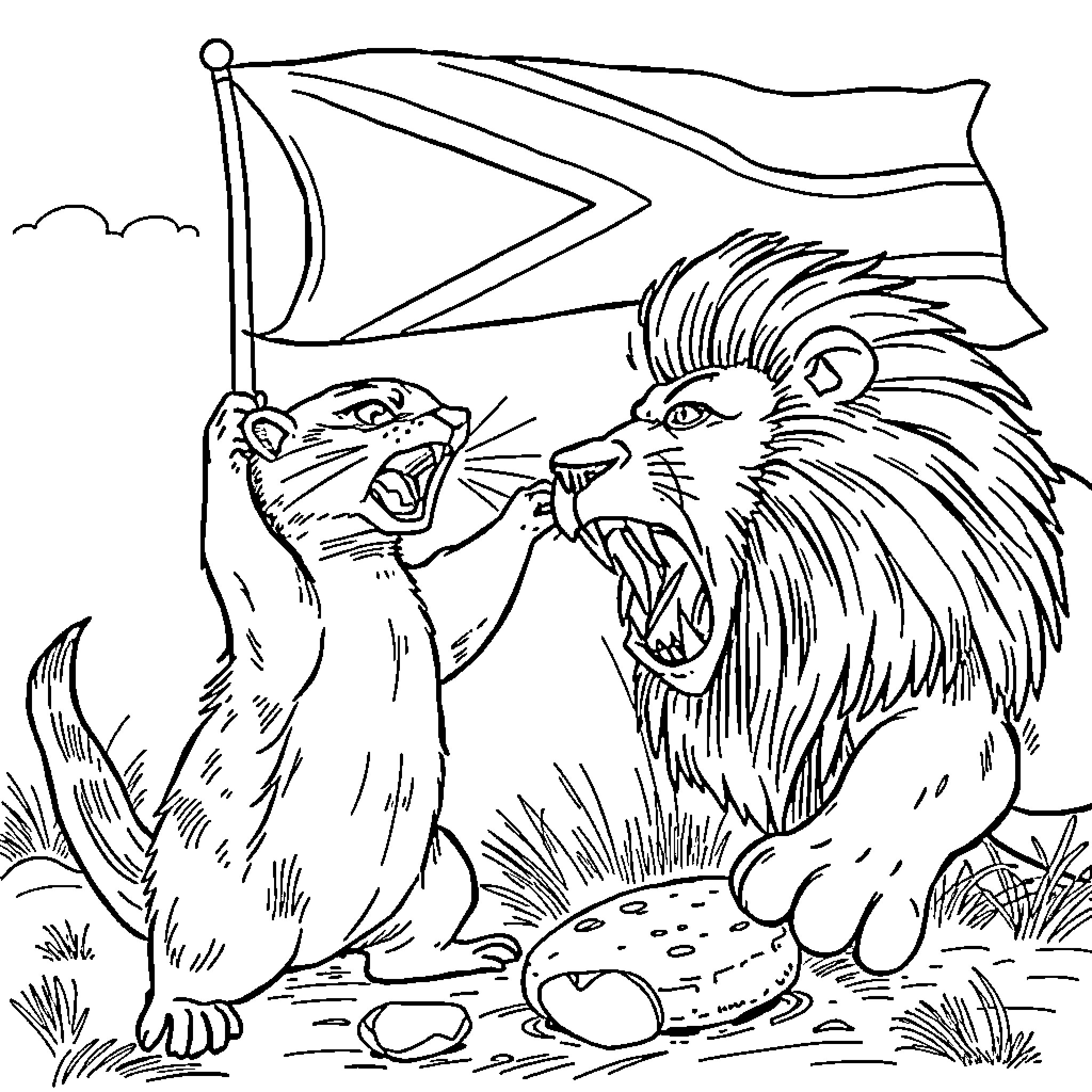 Otter and lion stand in front of waving flag Coloring Page (free black-and-white line drawing printable PDF for all, from beginners to advanced learners, including children, teens, adults, and seniors)