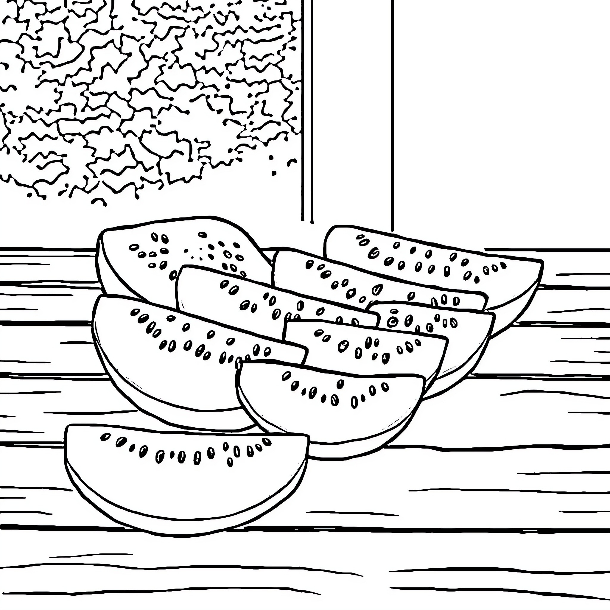 Watermelon slices on a wooden table Coloring Page (free black-and-white line drawing printable PDF for all, from beginners to advanced learners, including children, teens, adults, and seniors)