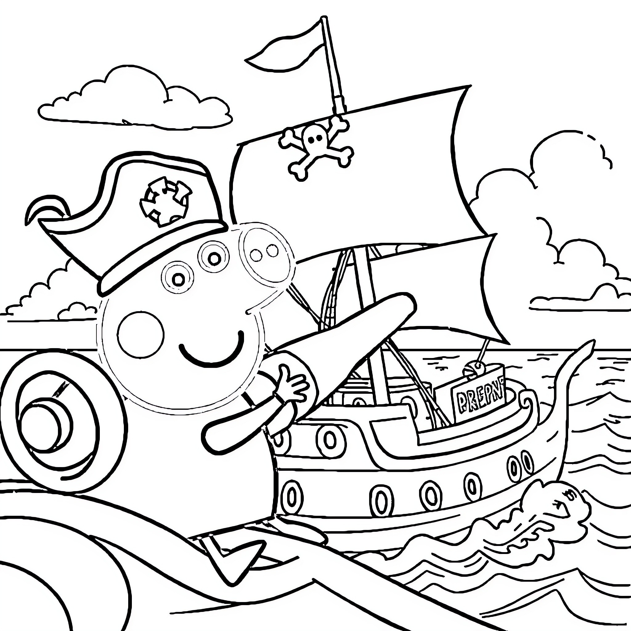 Peppa Pig sailing on a pirate ship Coloring Page (free black-and-white line drawing printable PDF for all, from beginners to advanced learners, including children, teens, adults, and seniors)