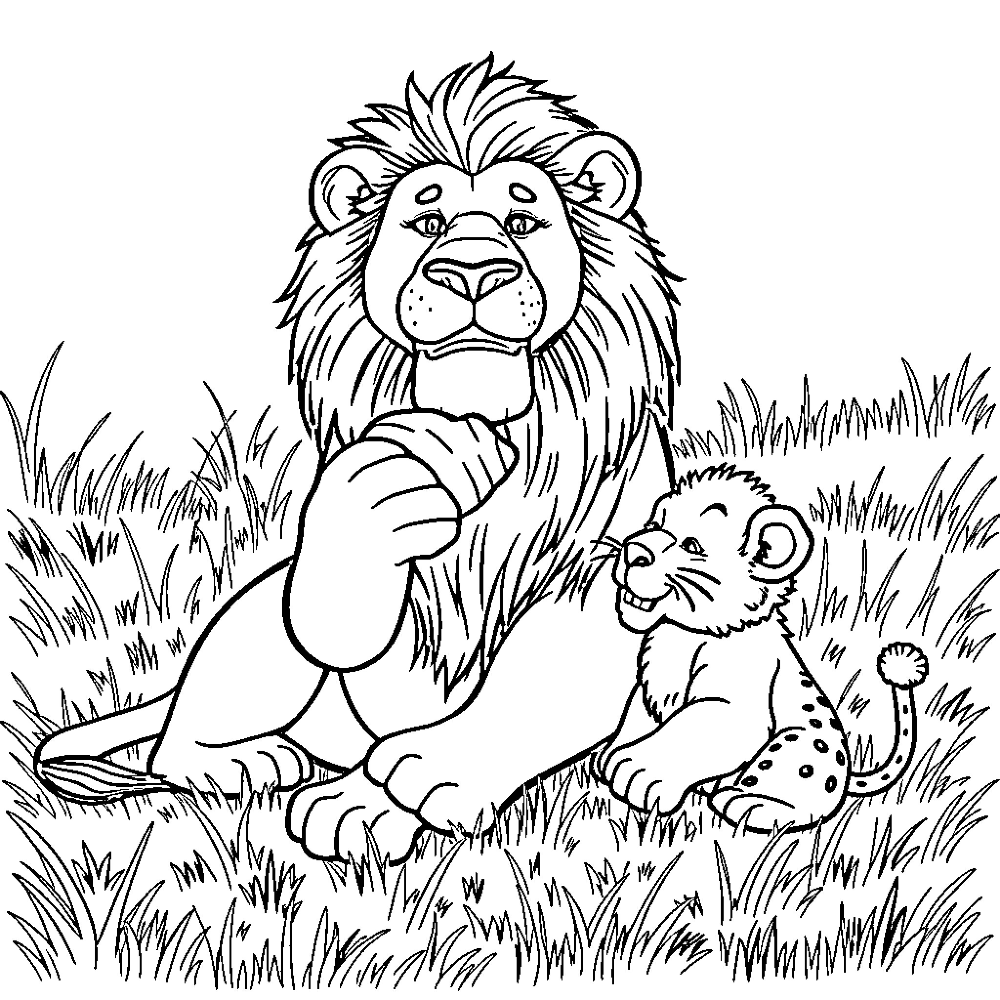 Lion and cub enjoying the outdoors Coloring Page (free black-and-white line drawing printable PDF for all, from beginners to advanced learners, including children, teens, adults, and seniors)