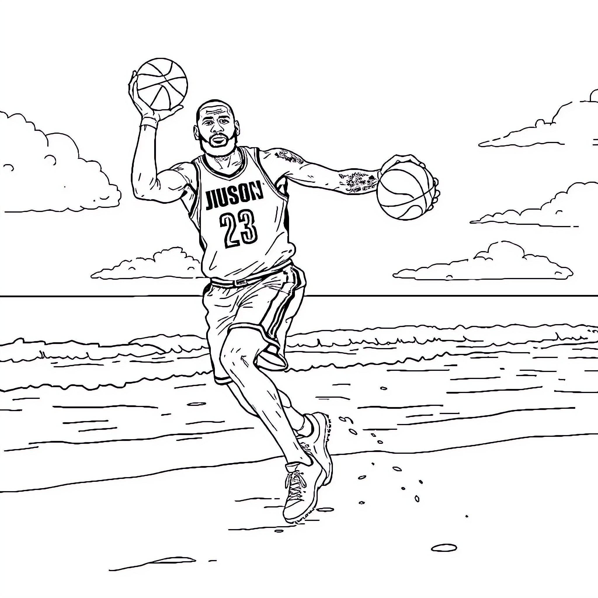 LeBron James playing basketball outdoors Coloring Page (free black-and-white line drawing printable PDF for all, from beginners to advanced learners, including children, teens, adults, and seniors)
