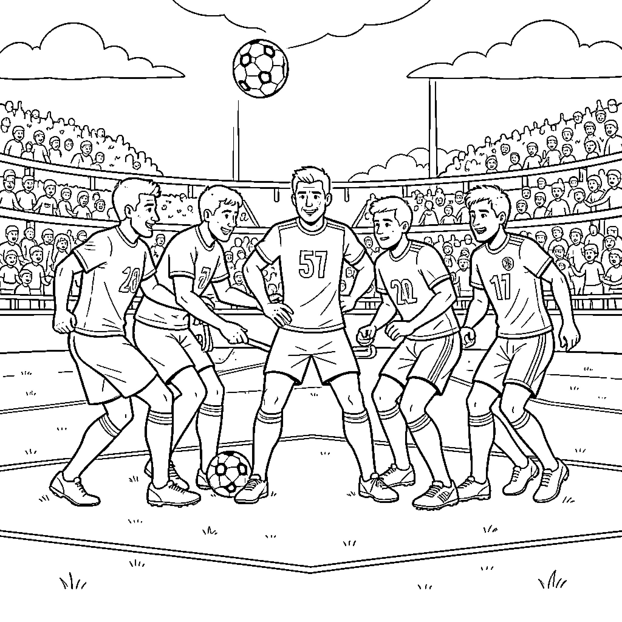 Squadra of soccer players celebrating on the field Coloring Page (free black-and-white line drawing printable PDF for all, from beginners to advanced learners, including children, teens, adults, and seniors)