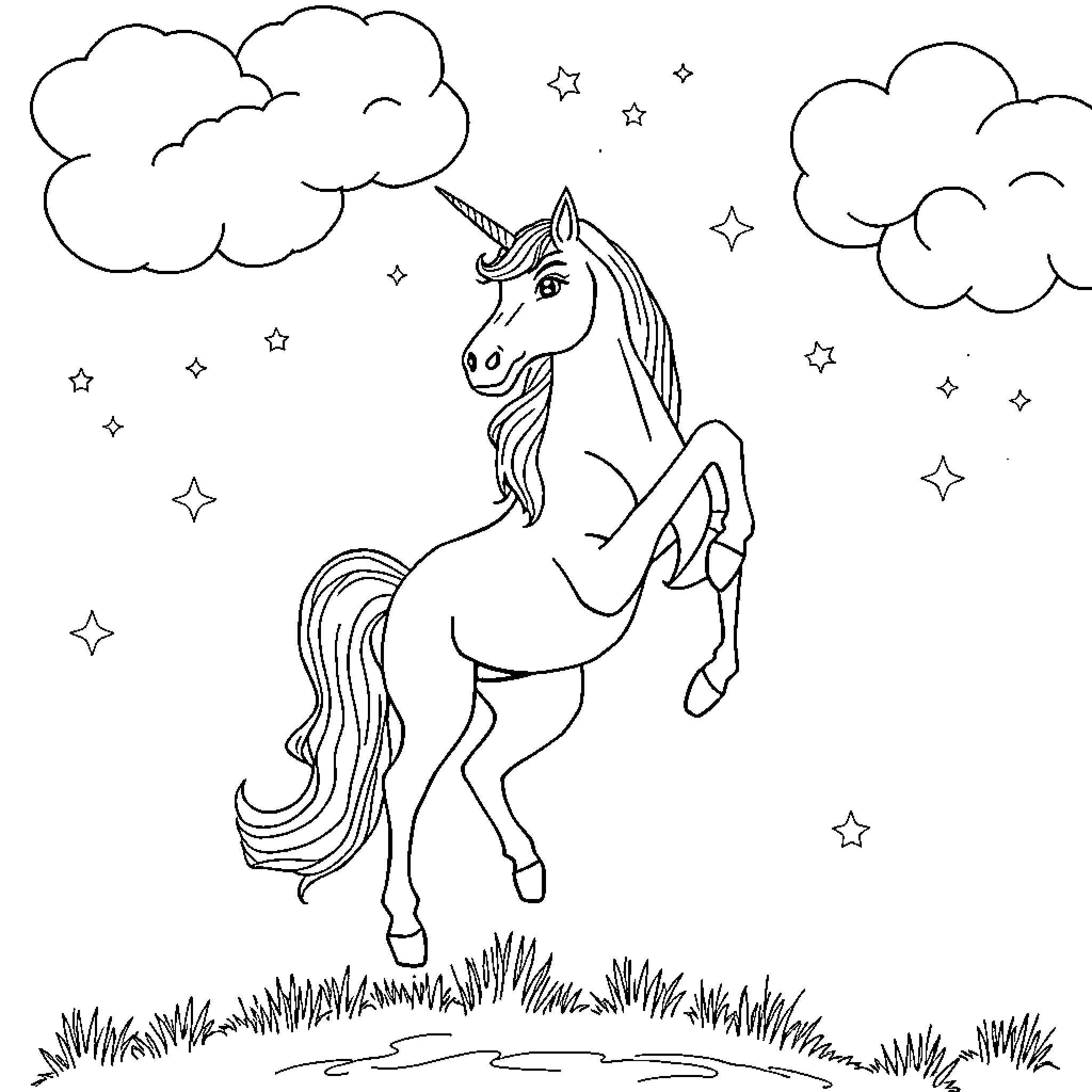 Unicorn Galloping Through Starry Skies Coloring Page (free black-and-white line drawing printable PDF for all, from beginners to advanced learners, including children, teens, adults, and seniors)