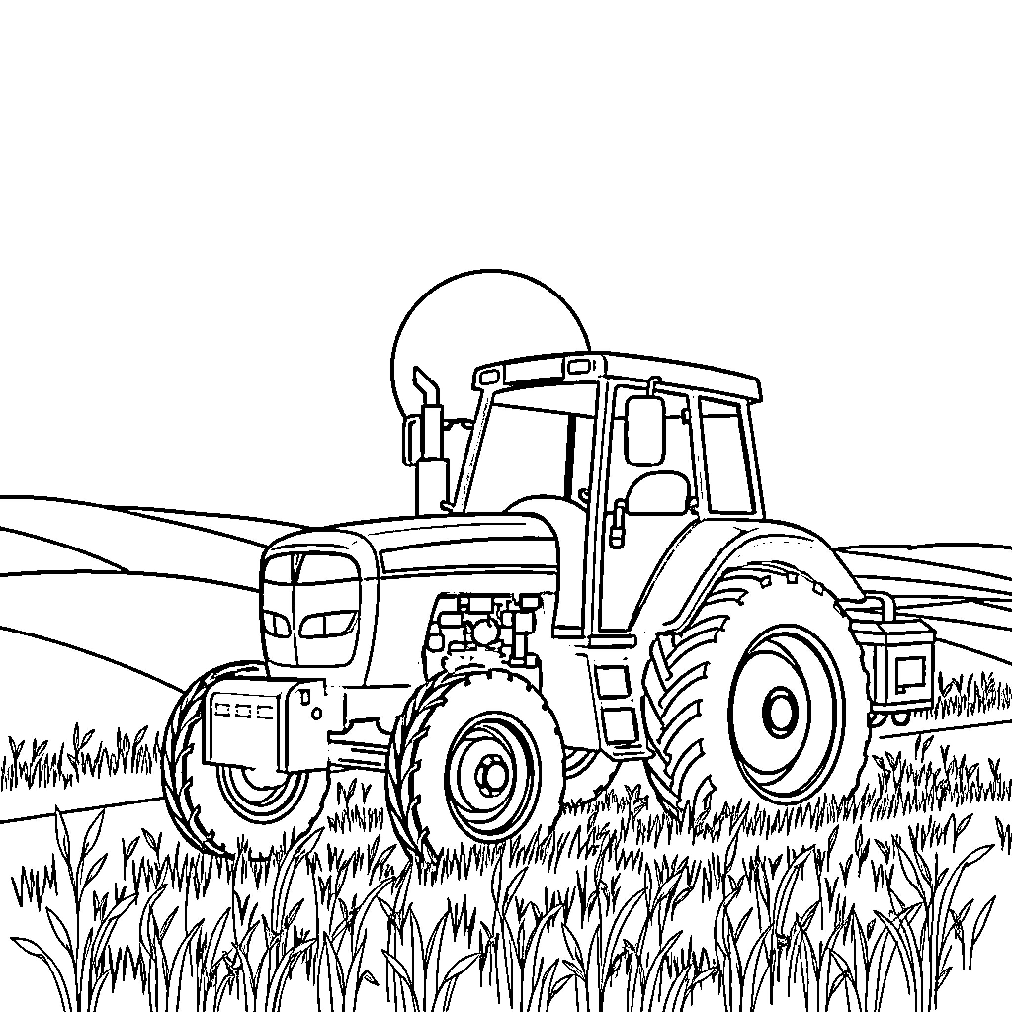 Tractor plowing through fields Coloring Page (free black-and-white line drawing printable PDF for all, from beginners to advanced learners, including children, teens, adults, and seniors)